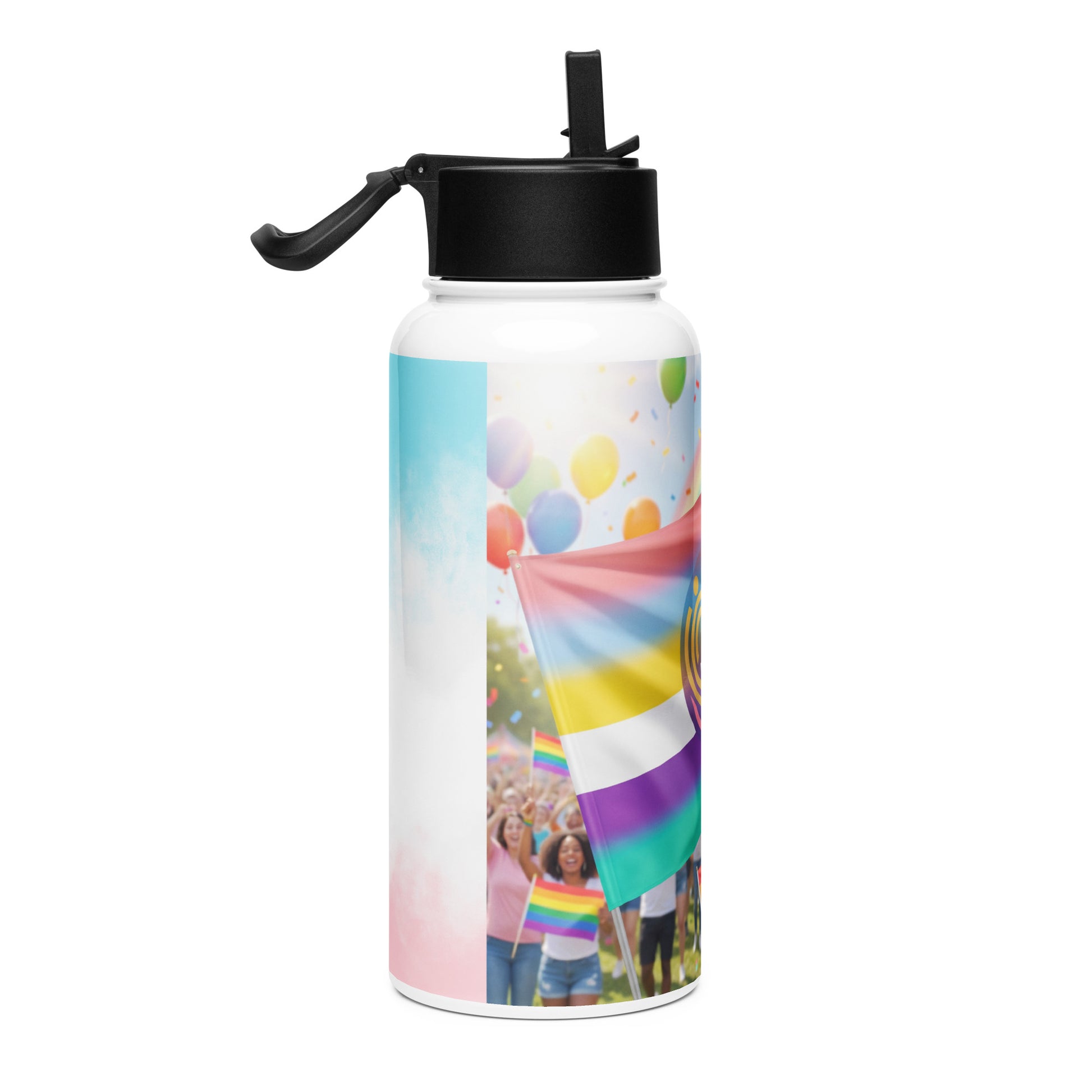 Stainless steel water bottle with rainbow balloons graphic and black straw lid