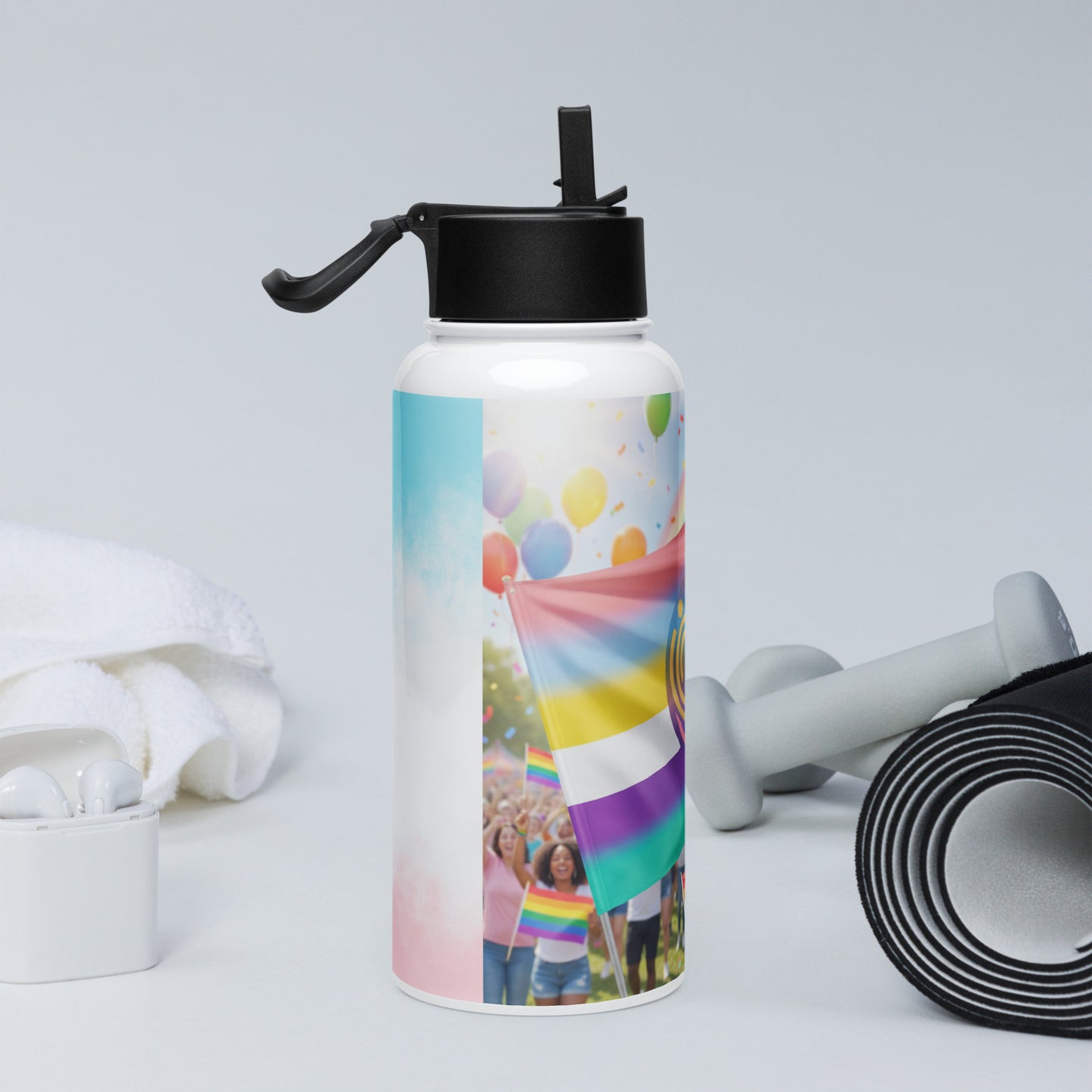 White stainless steel water bottle with black straw lid, rainbow family group graphic
