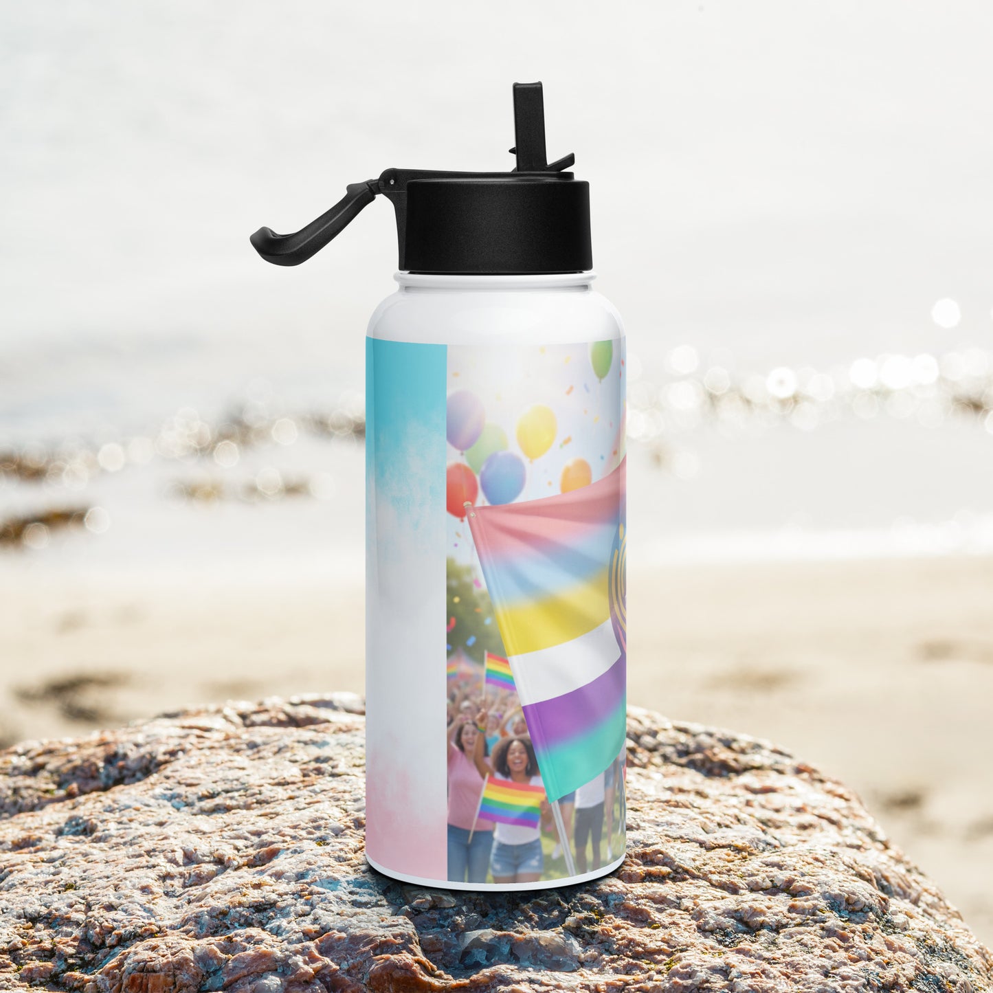 White stainless steel water bottle with black straw lid, rainbow balloons and flags