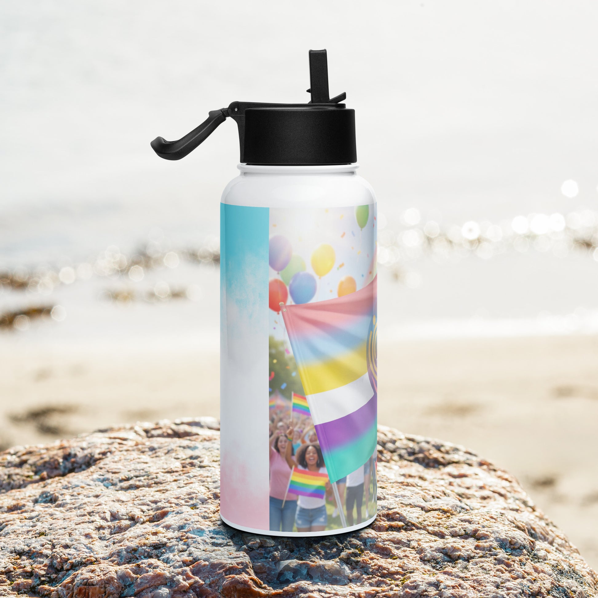 White stainless steel water bottle with black straw lid, rainbow balloons and flags