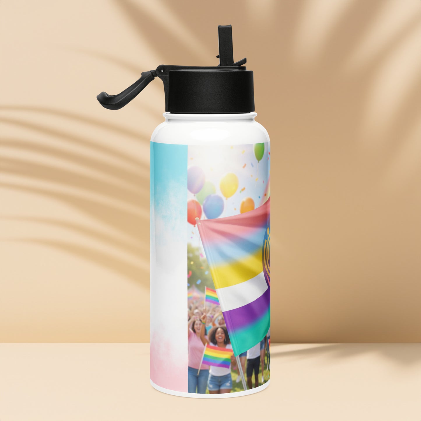 Stainless steel water bottle with straw lid and rainbow balloons celebration graphic