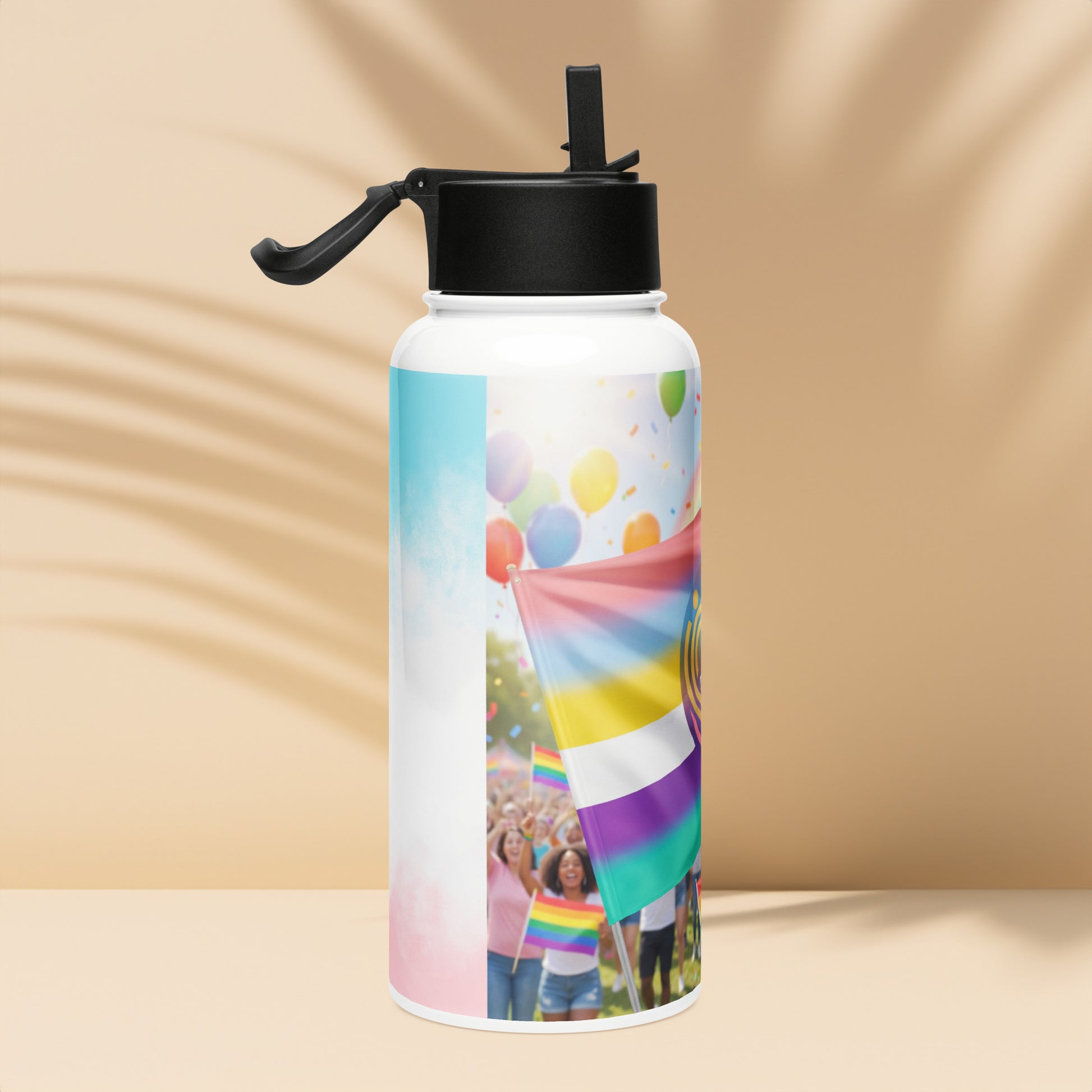Stainless steel water bottle with straw lid and rainbow balloons celebration graphic