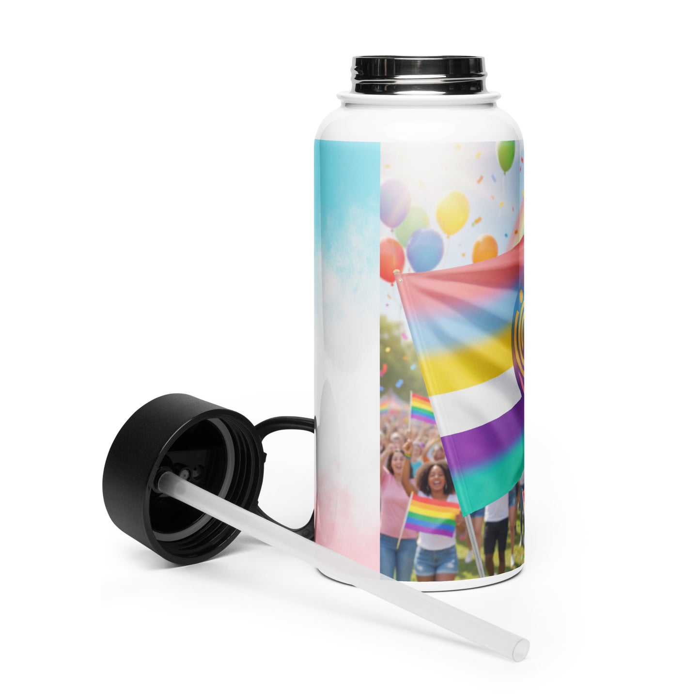 Stainless steel water bottle with rainbow balloon graphic and black lid with straw