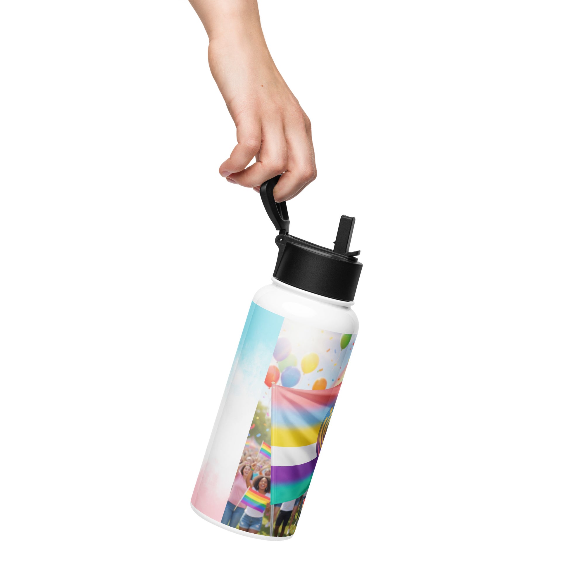 White stainless steel water bottle with black straw lid, rainbow balloons and flags