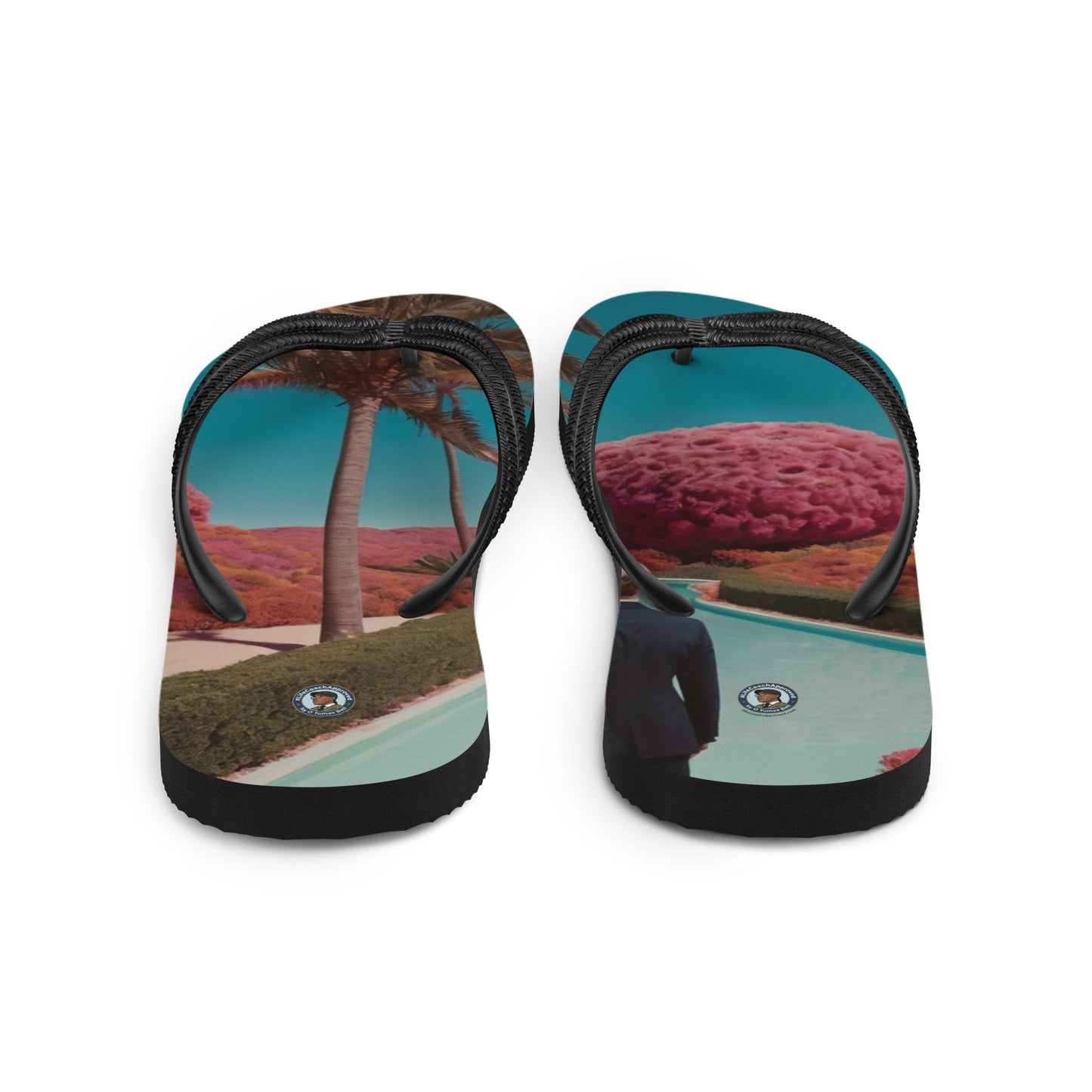 Pair of printed flip-flops showing treaded sole edge, black straps with woven texture