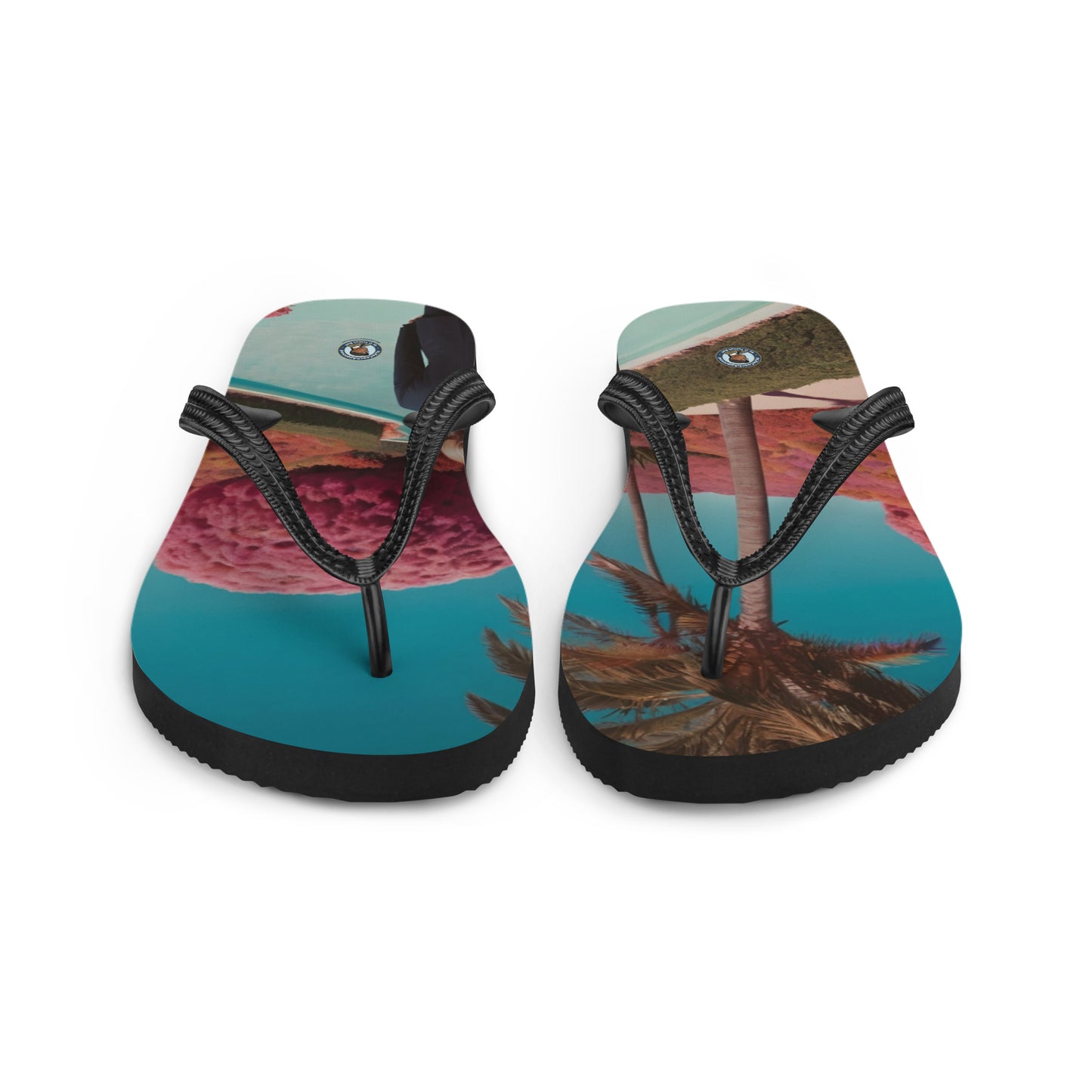 Printed flip-flops with V-shaped black straps and circular logo on footbeds