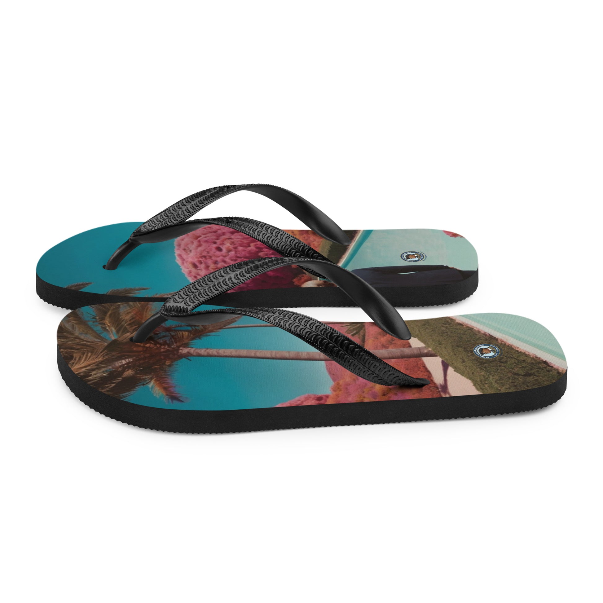 Black thong flip-flops with textured straps and colorful printed footbeds