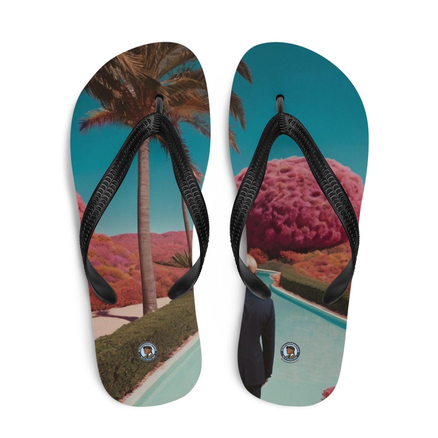 Printed flip-flops with black textured straps and cushioned sole, landscape graphic footbeds