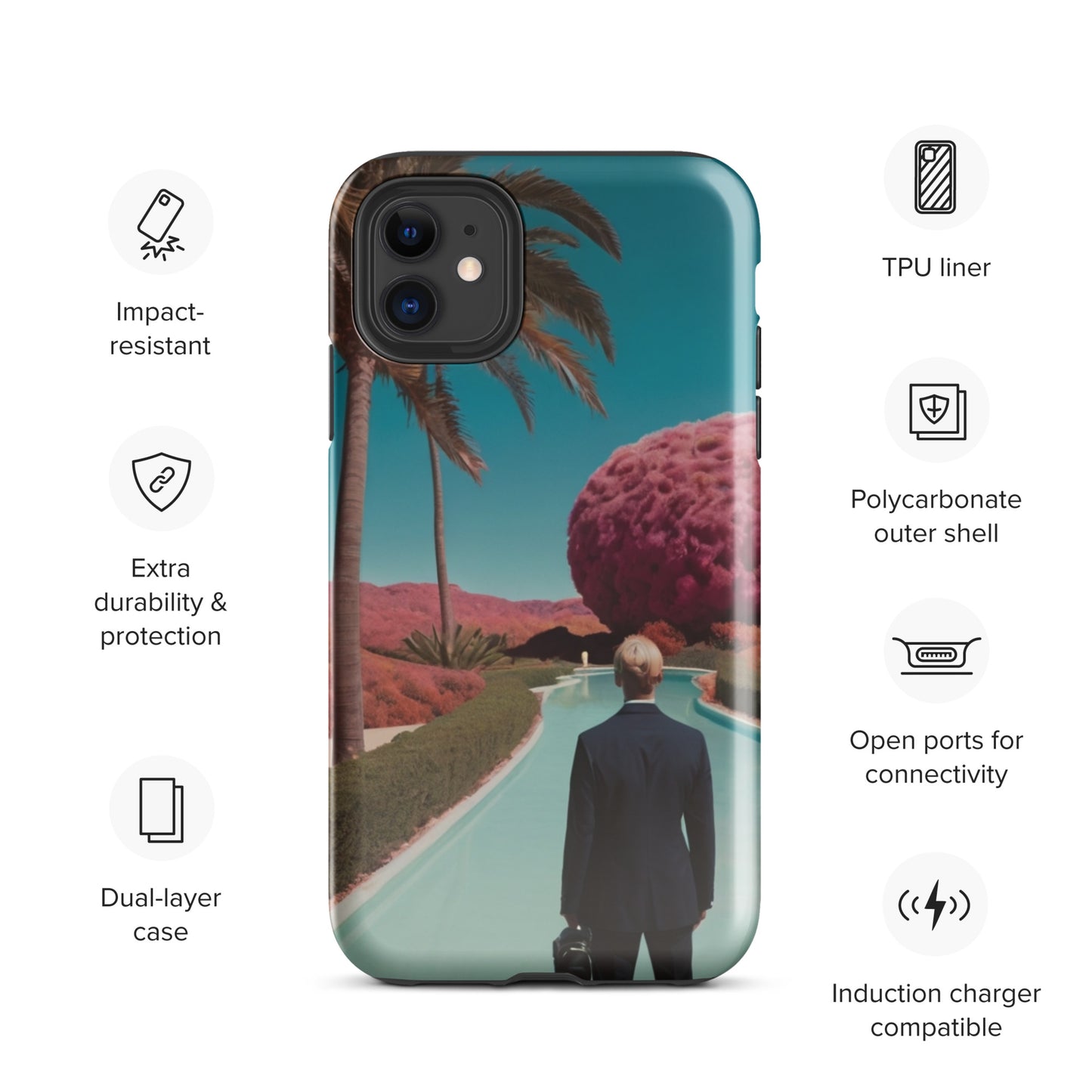 iPhone tough case with teal border and tropical road scene, open port cutouts