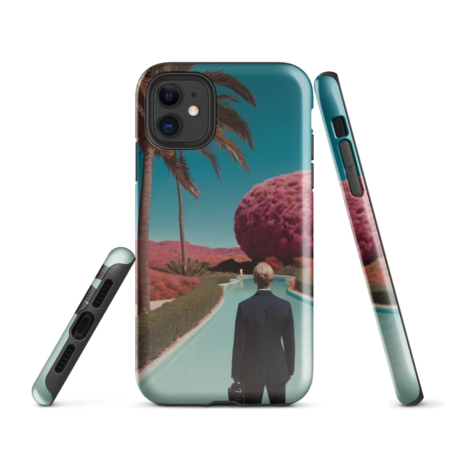 iPhone tough case with teal frame and scenic print; camera cutouts visible.