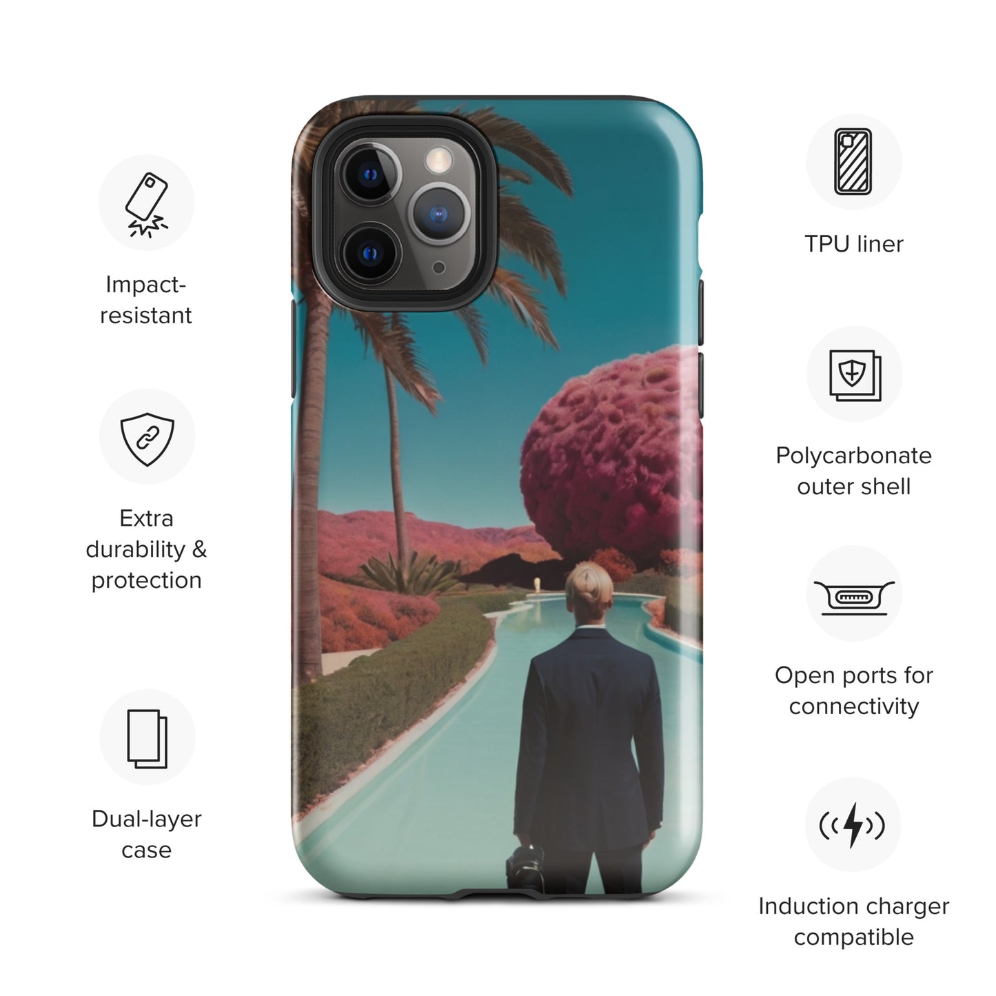 iPhone tough case with tropical landscape print, teal rim, camera openings