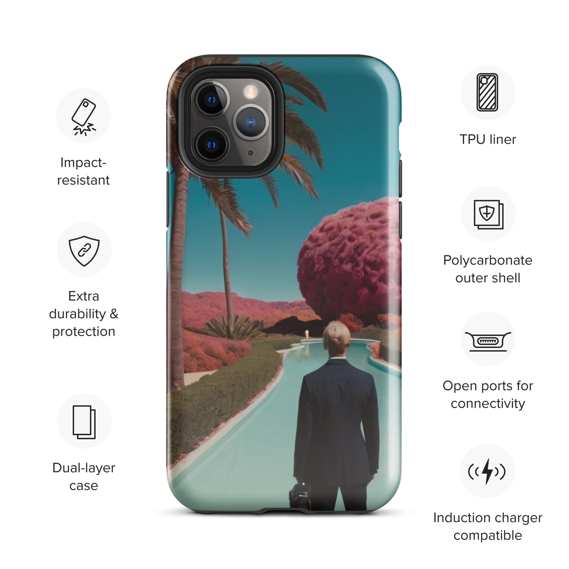 iPhone tough case with tropical landscape print, teal rim, camera openings