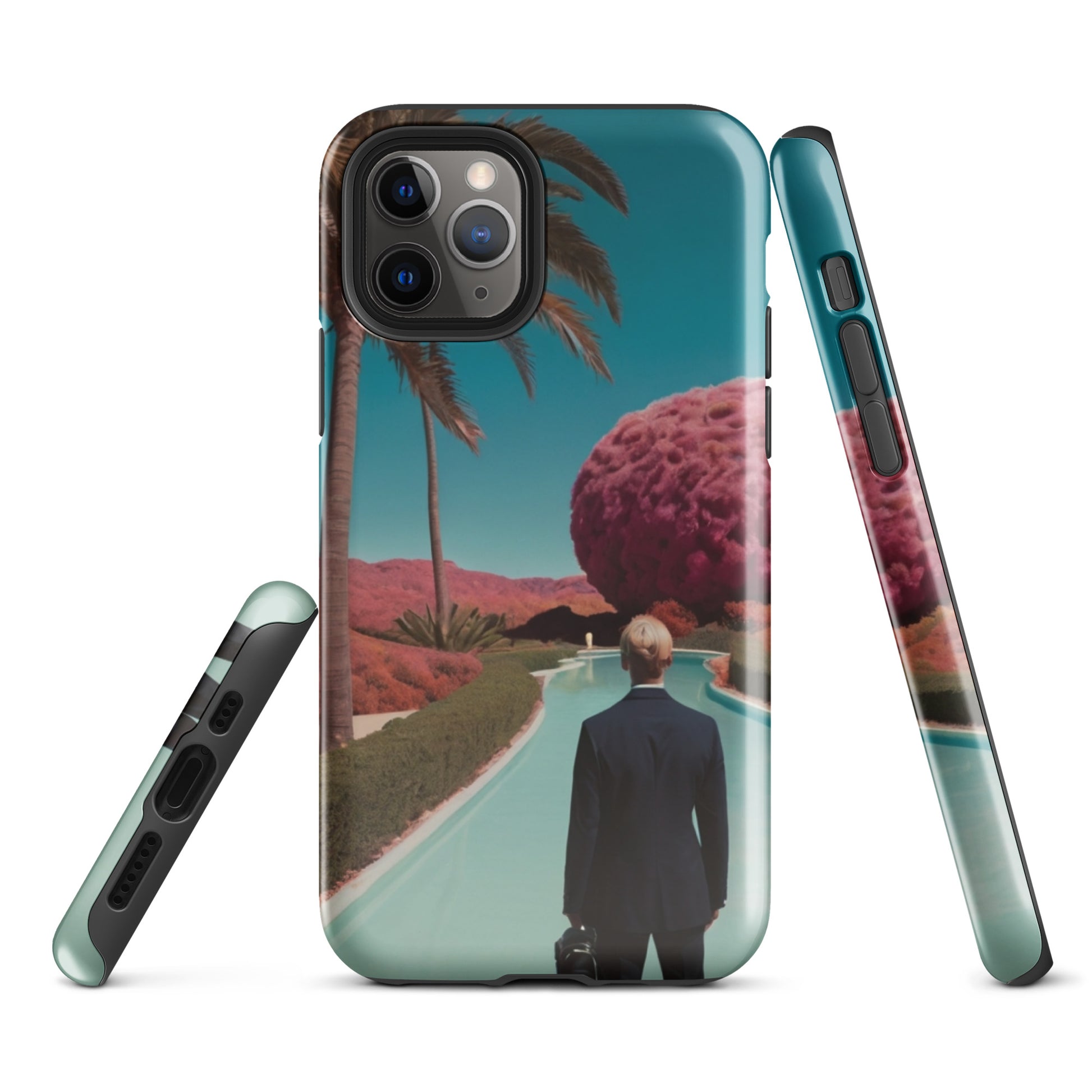 Phone case with teal landscape design featuring palm tree and side edge with port openings
