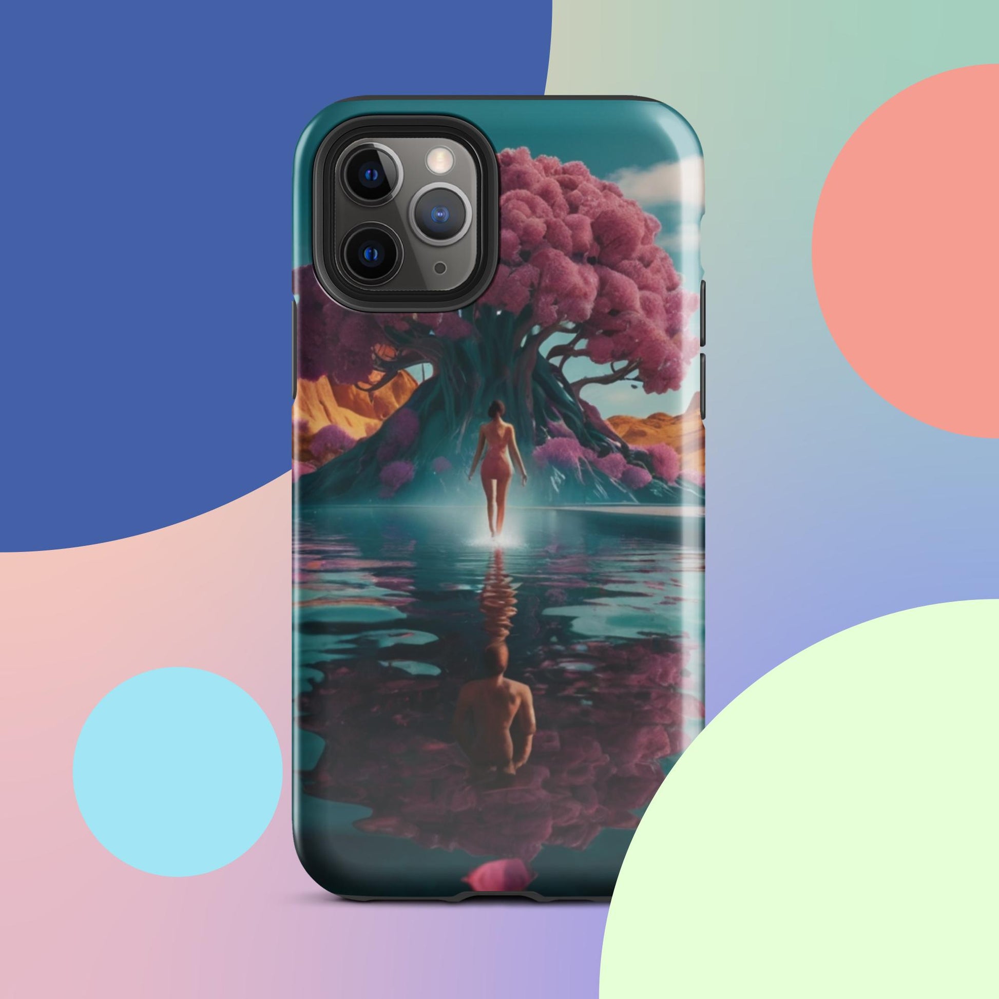 Tough iPhone case with teal border and moonlit landscape graphic with pink blossoms, camera cutouts.