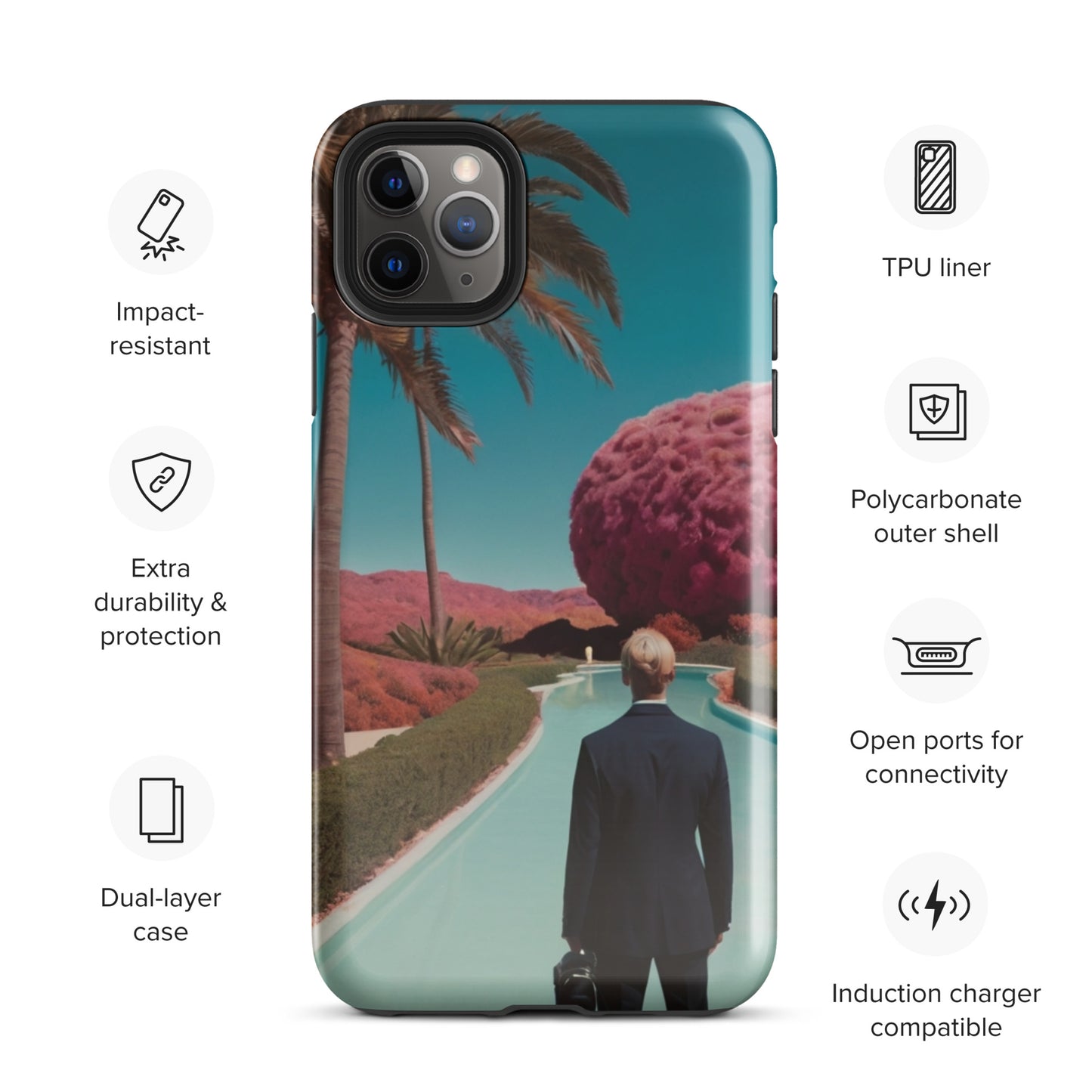 iPhone tough case with teal sides and tropical road artwork, camera cutouts