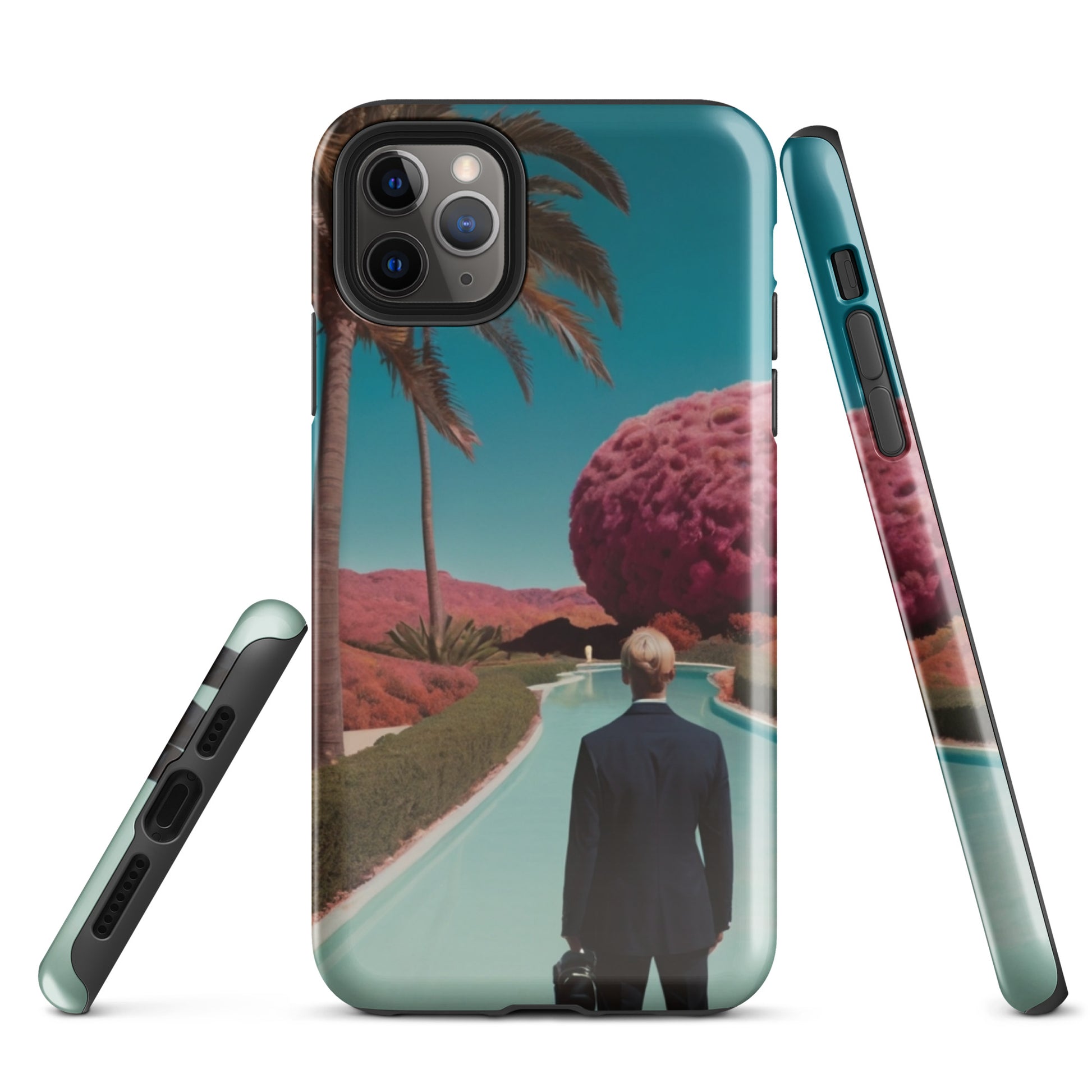 Phone case with teal landscape design, palm tree and side view highlighting camera cutout