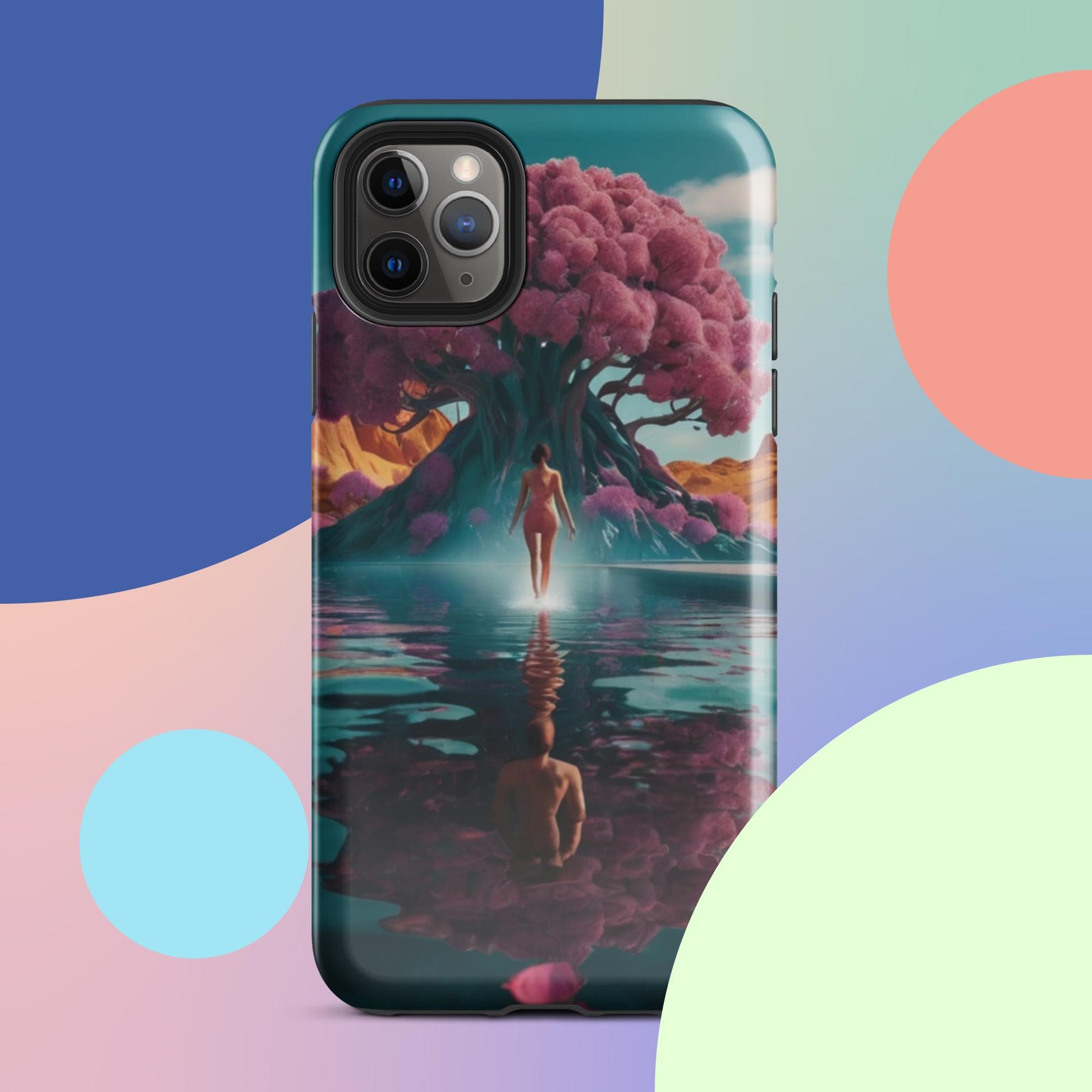 Teal phone case with pink blossom tree, watery landscape, and centered reflection artwork