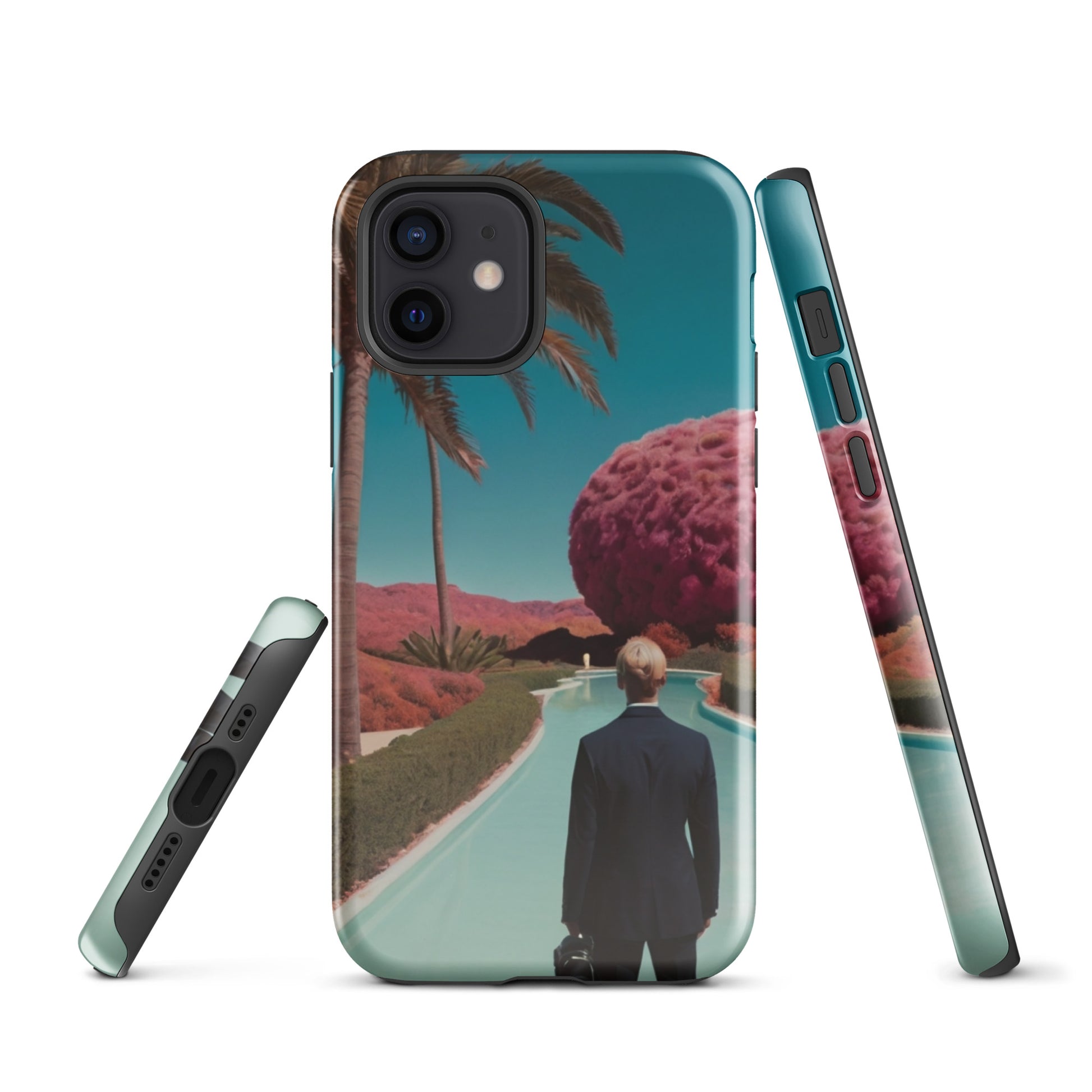 Phone case with teal landscape design, palm tree and side button openings in view