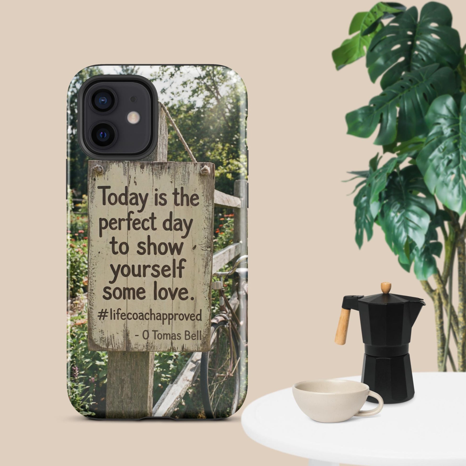 iPhone case with clear back, fence artwork, and quote text “Today is the perfect day”