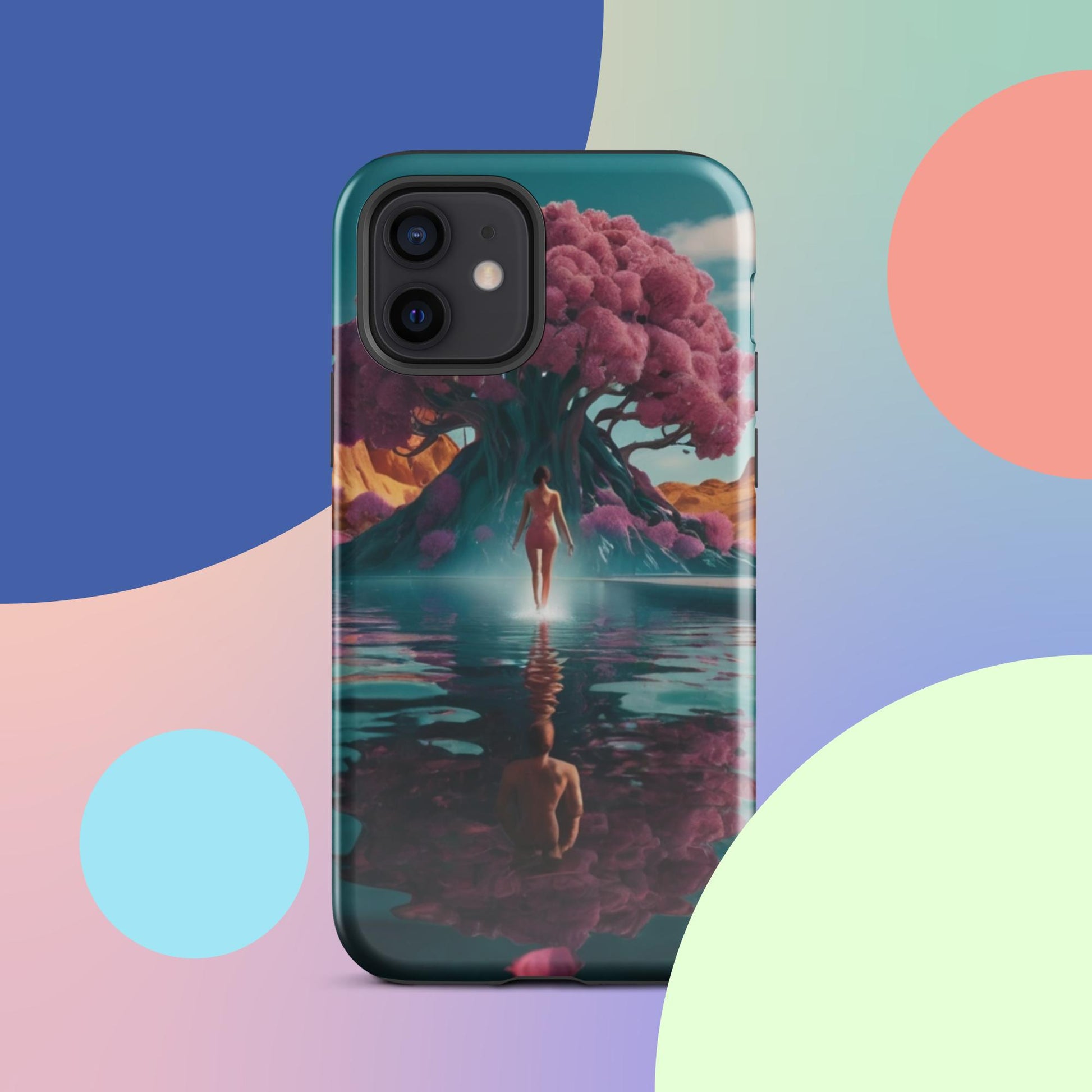 Teal iPhone tough case with pink tree blossoms and misty mirrored water graphic