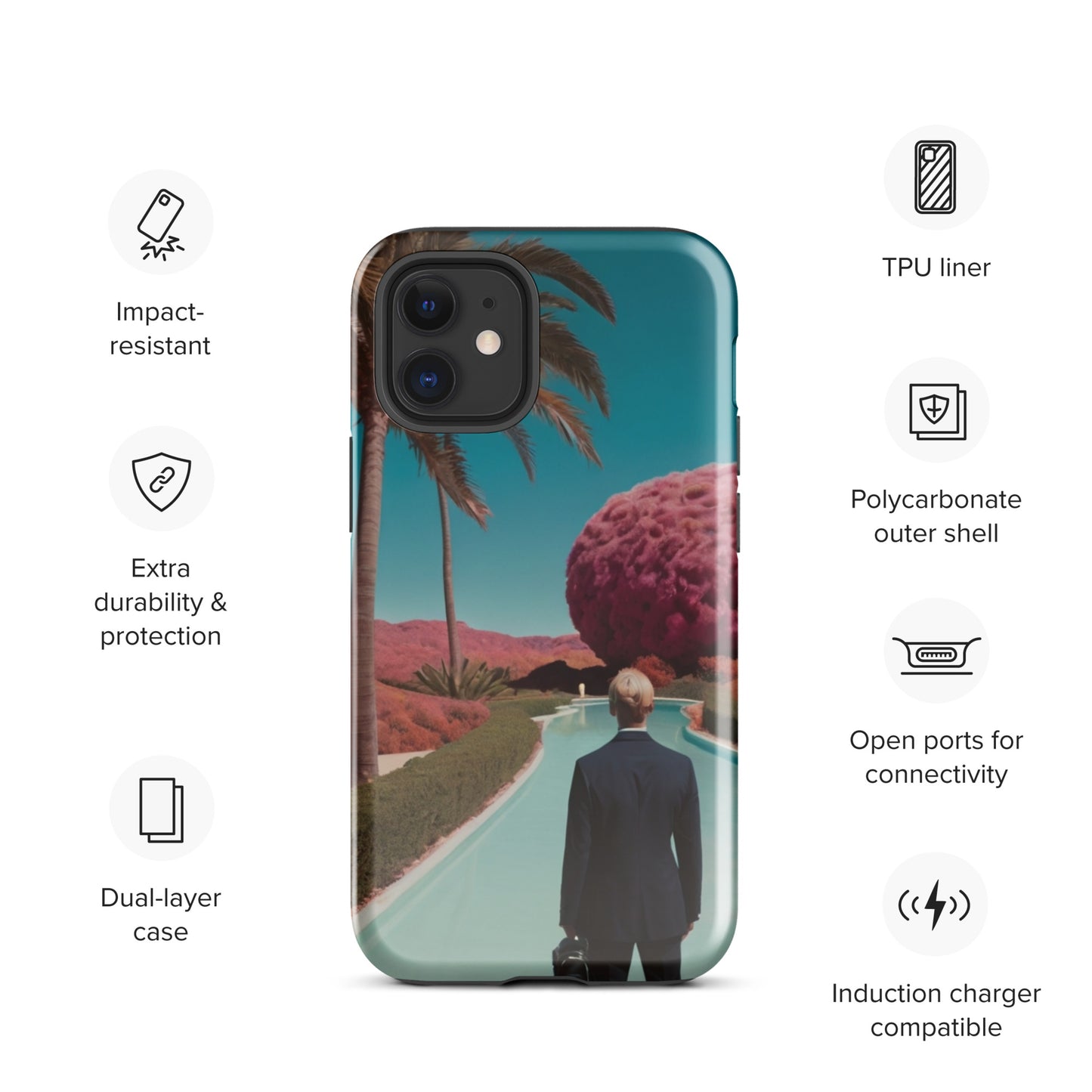 iPhone tough case with teal border and tropical scene print, camera openings
