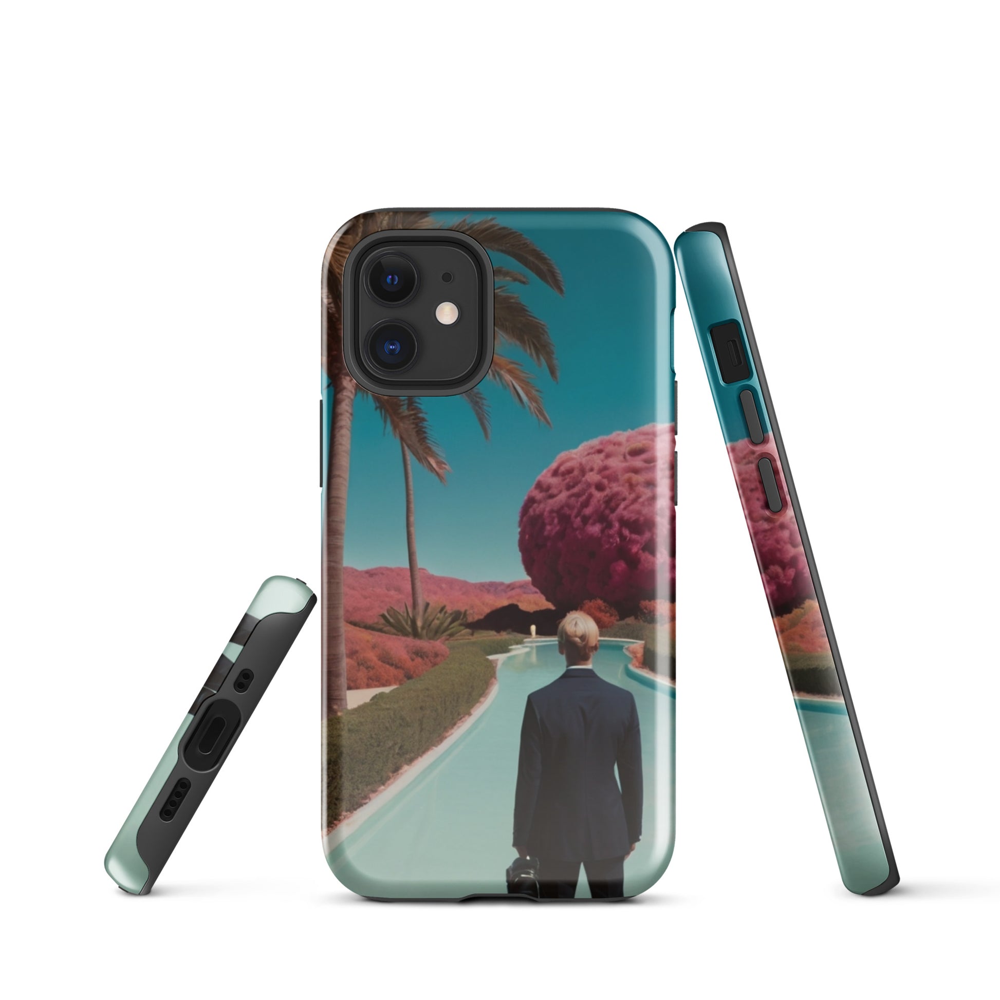 Phone case with teal landscape design, palm tree scene and side edge profile