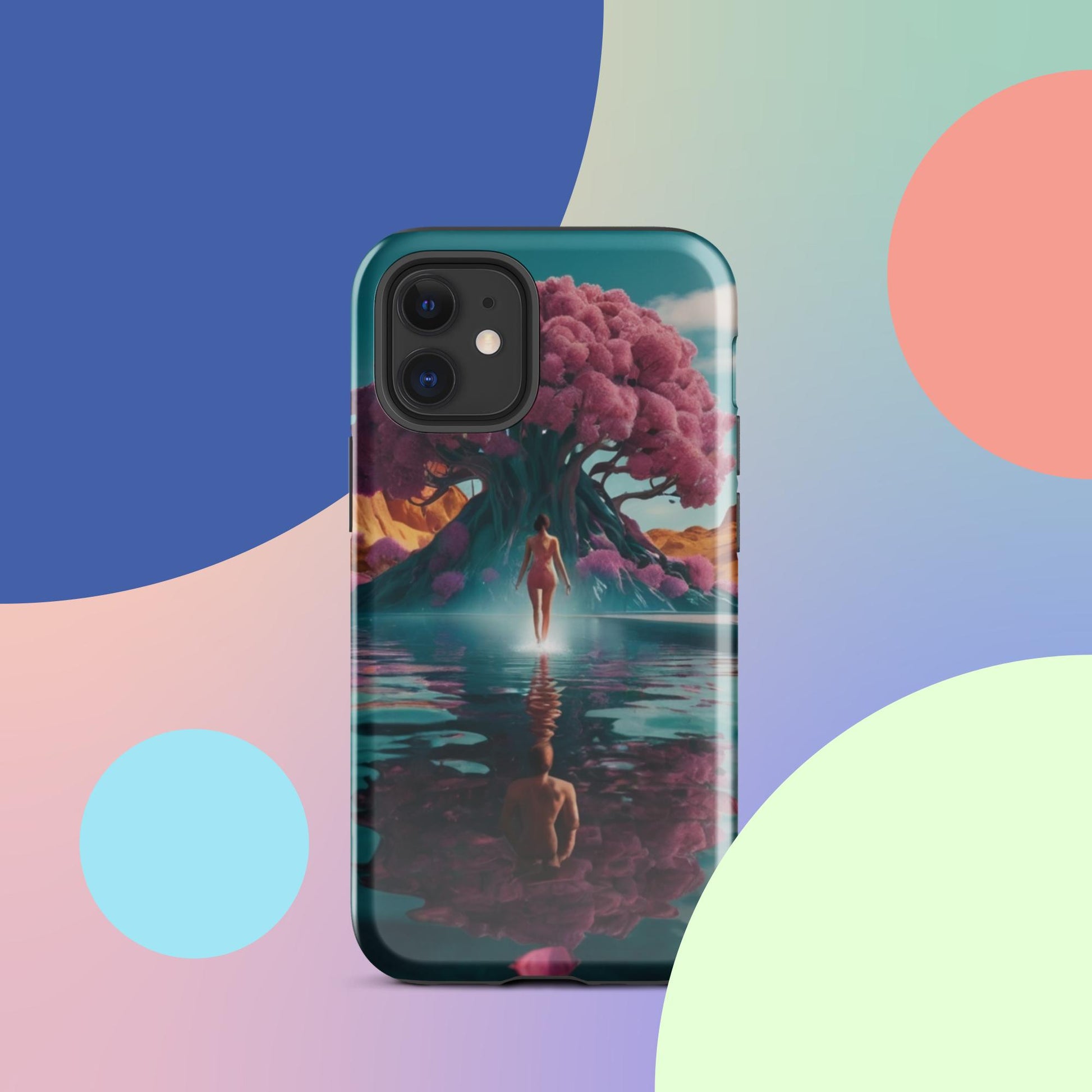 Teal iPhone tough case showing pink blossoms, dark water, and reflection artwork