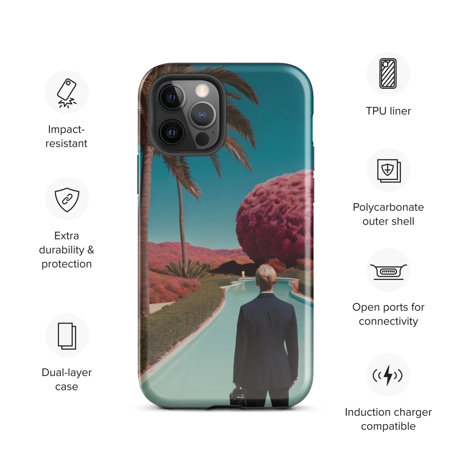 iPhone tough case with teal border and tropical road scene, raised camera cutouts