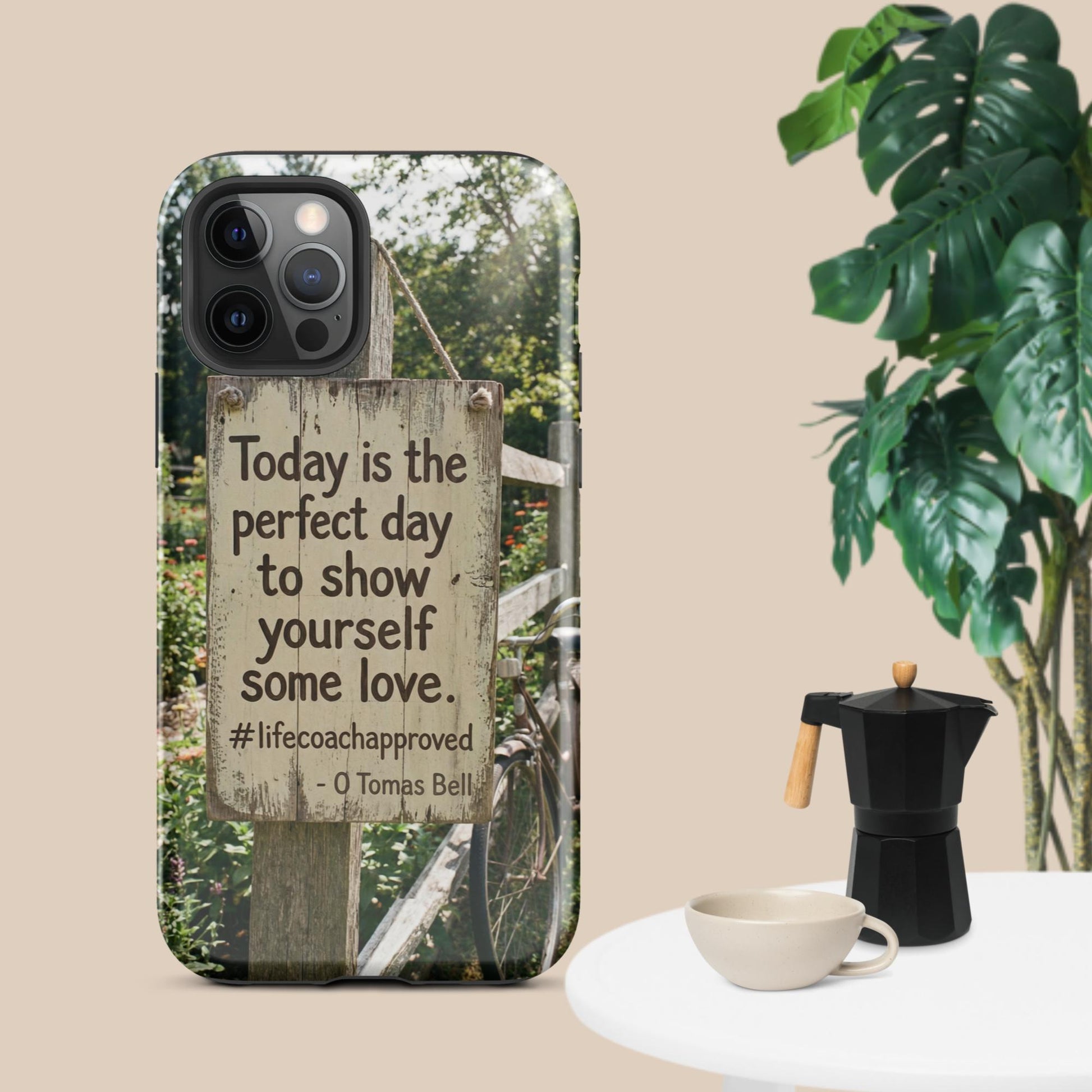 iPhone case with clear back and camera cutouts, scenic fence print and motivational message