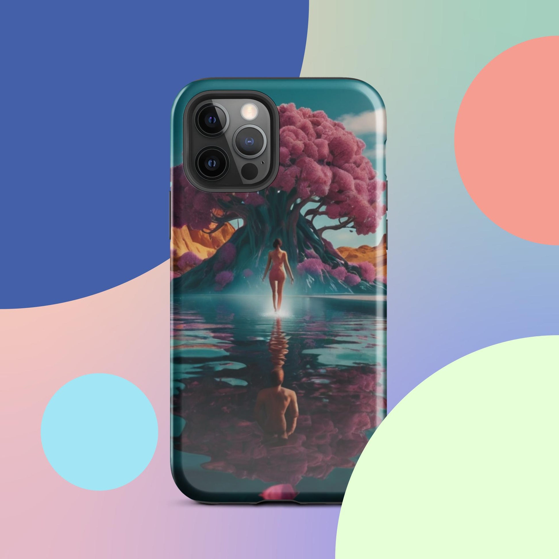 Teal iPhone tough case with pink blossom tree and reflective water scene design