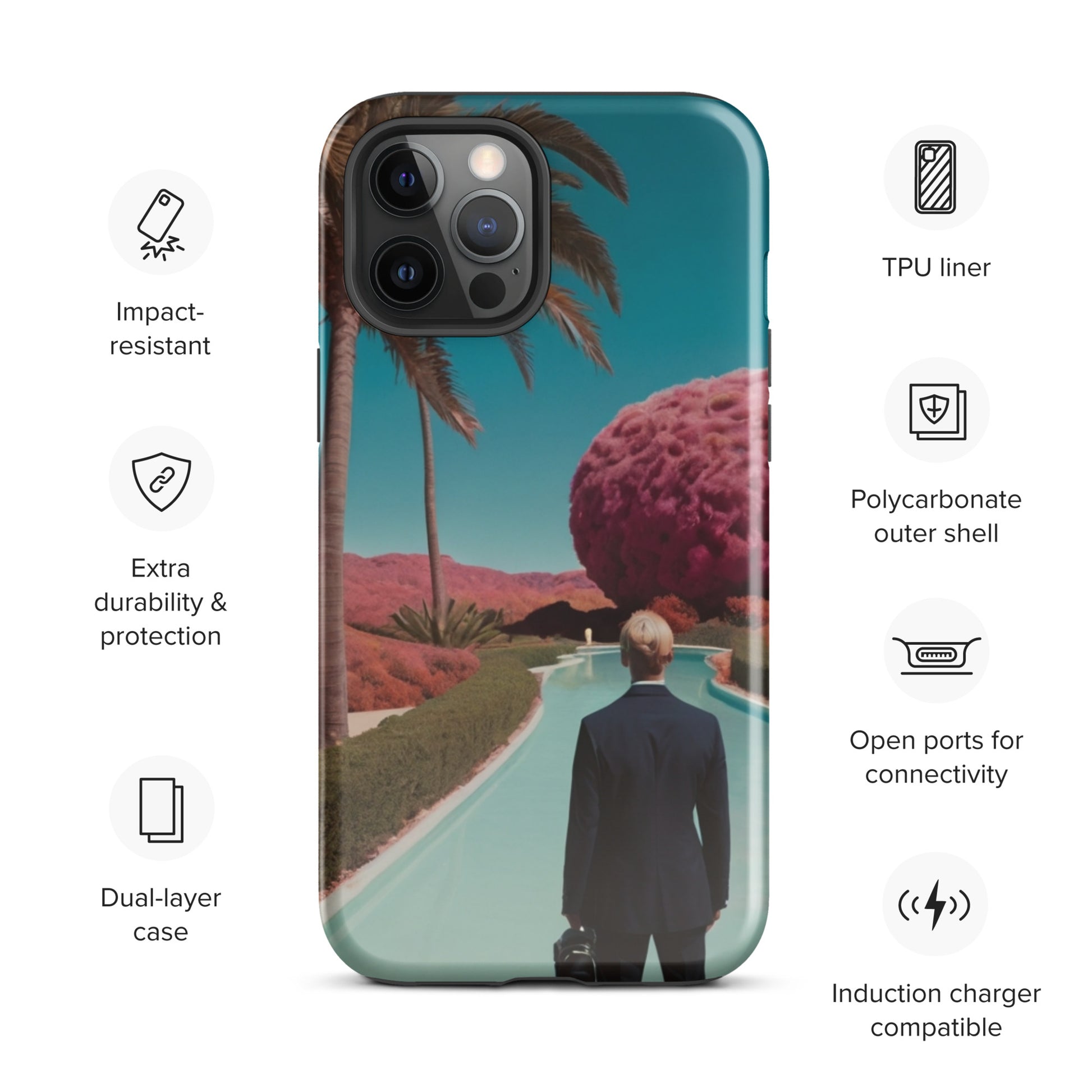 iPhone tough case with teal rim and tropical landscape artwork, camera openings