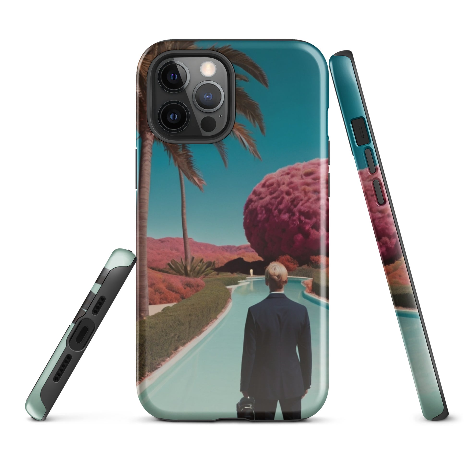 Phone case with teal landscape design, palm tree scene and side edge with port openings