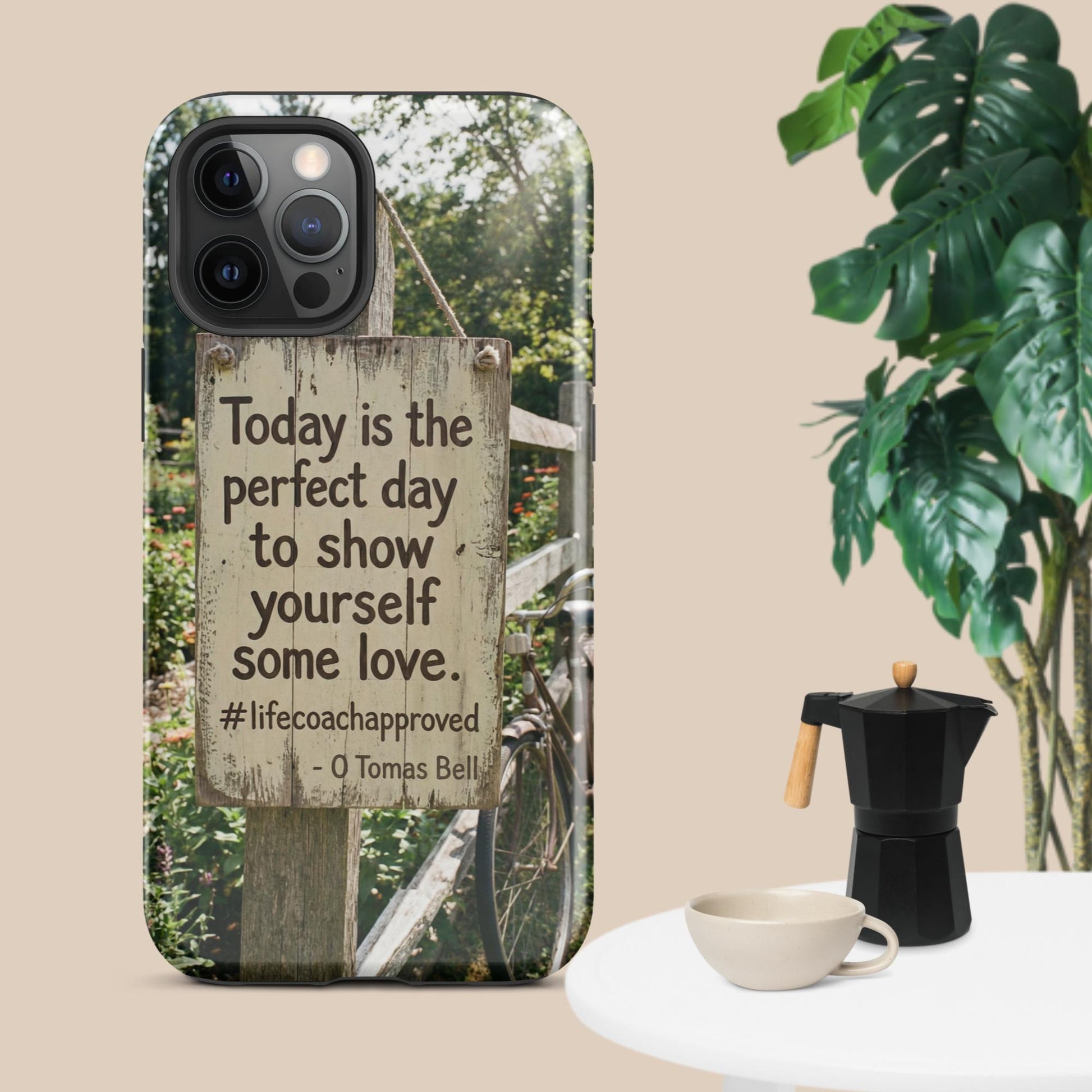 iPhone case back with motivational quote on a wooden fence graphic, dark trim