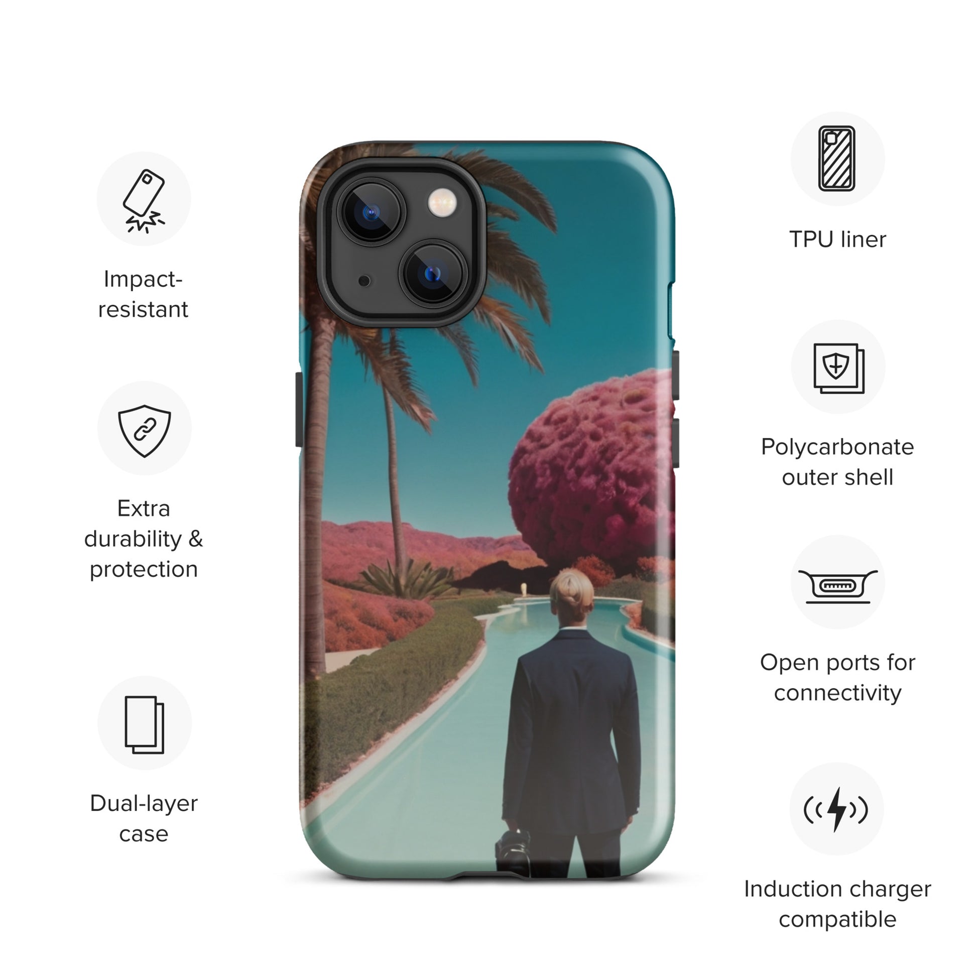 iPhone tough case with teal landscape graphic, feather detail near top, raised camera ring