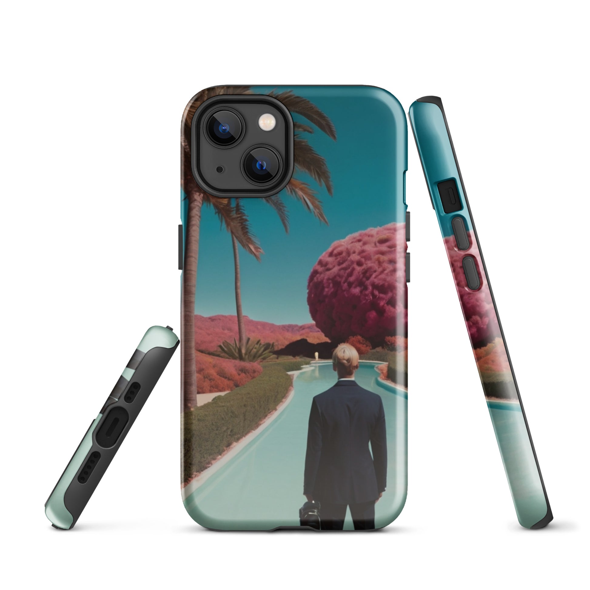 Phone case with teal landscape design, palm tree scene and side view of speaker/port cutouts