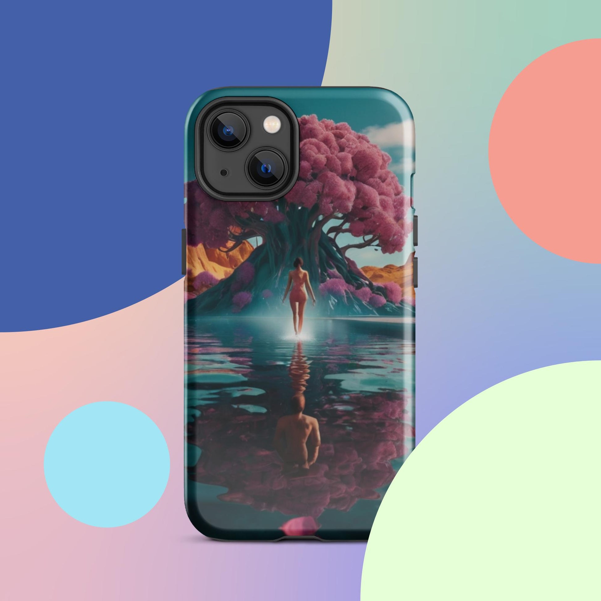 Teal iPhone tough case featuring pink blossom tree and reflective water scene