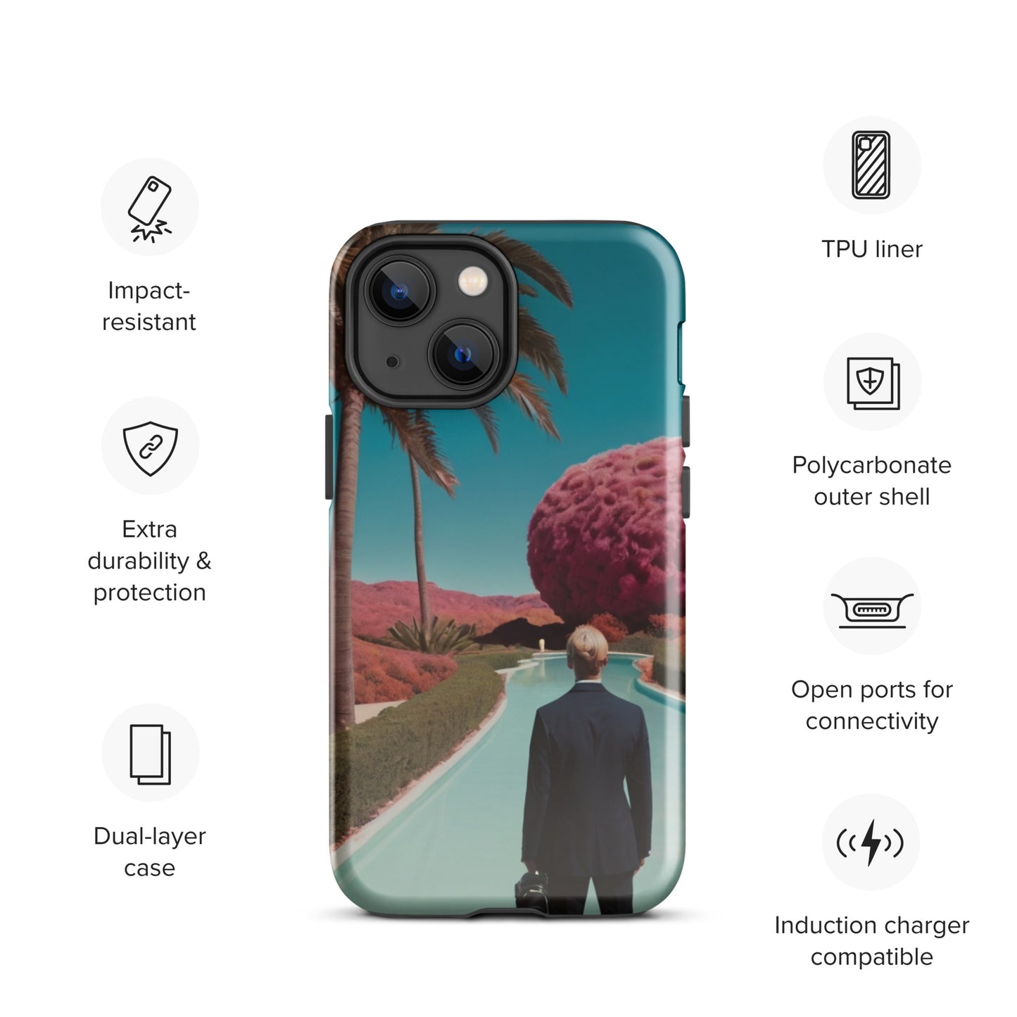 iPhone tough case with teal landscape graphic, black feather detail, raised camera cover