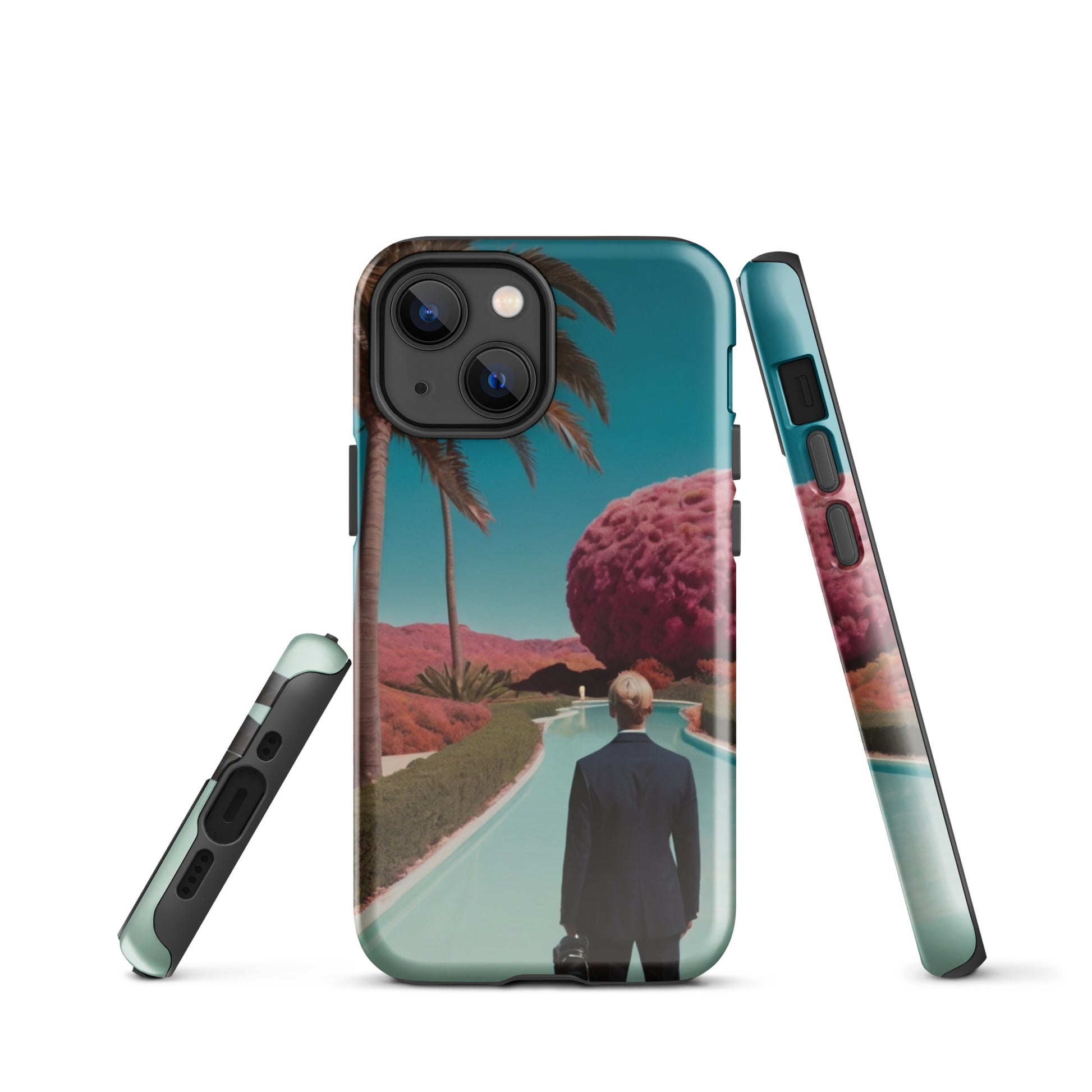 Phone case with teal landscape design, palm tree and front-to-back angled view