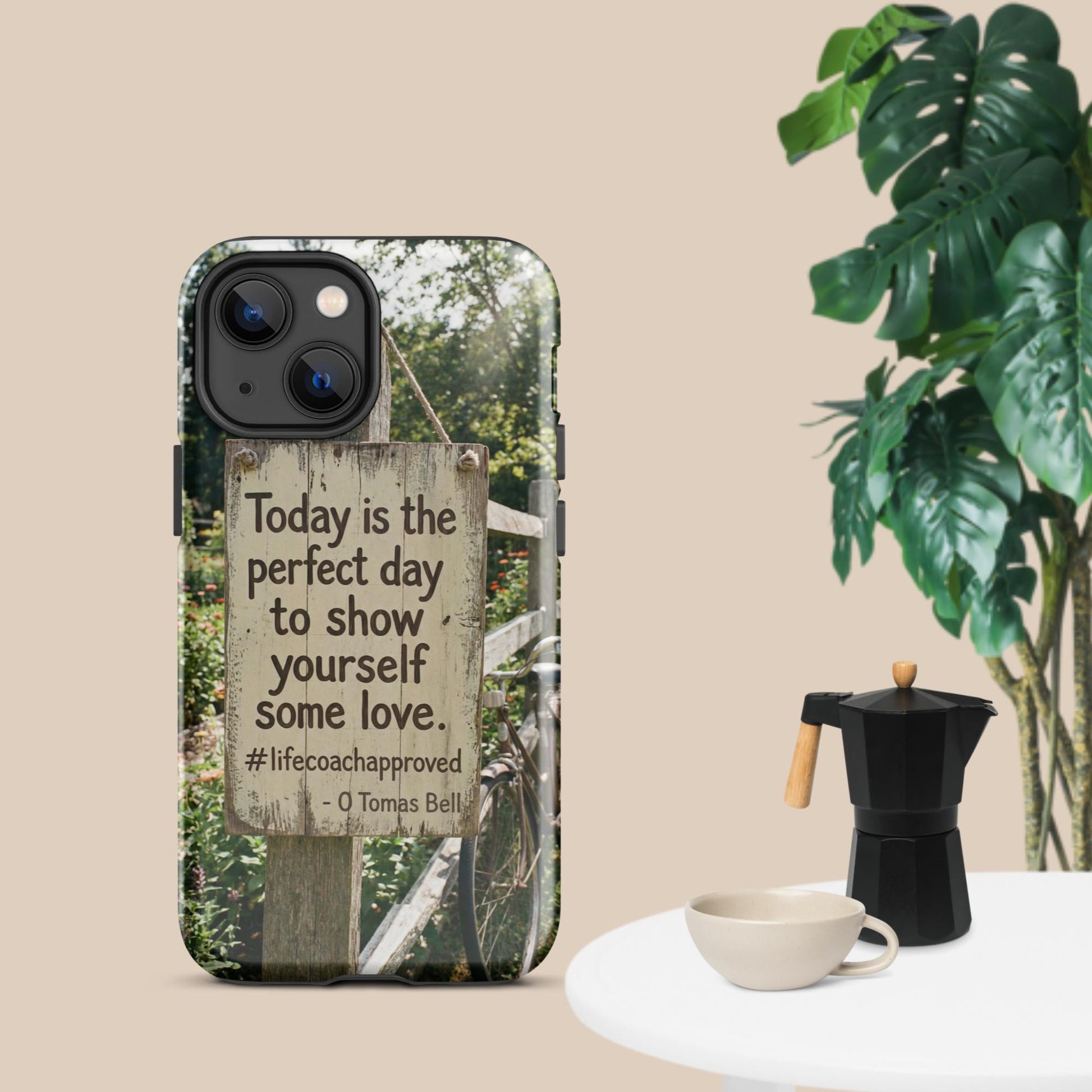 iPhone case back with motivational text over rustic fence artwork, dark trim