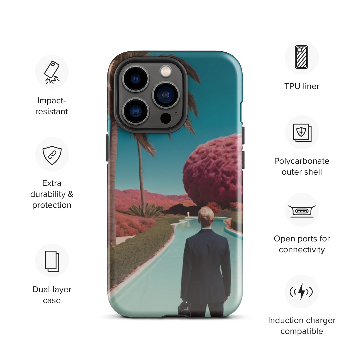 iPhone tough case with teal landscape graphic, close view of camera cutouts and lens covers