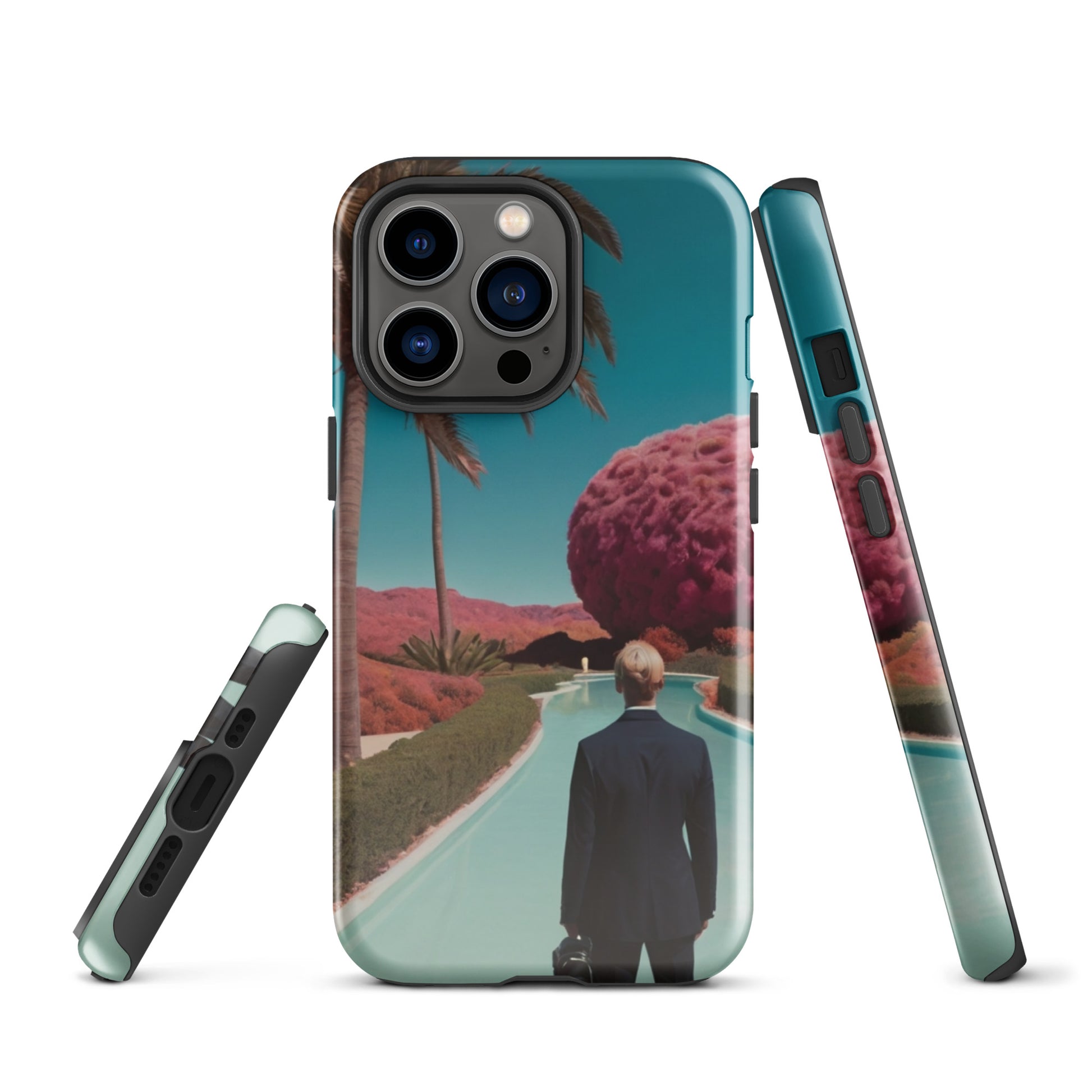 iPhone tough case with teal scenic print, rear camera cutouts, rugged bumper edges