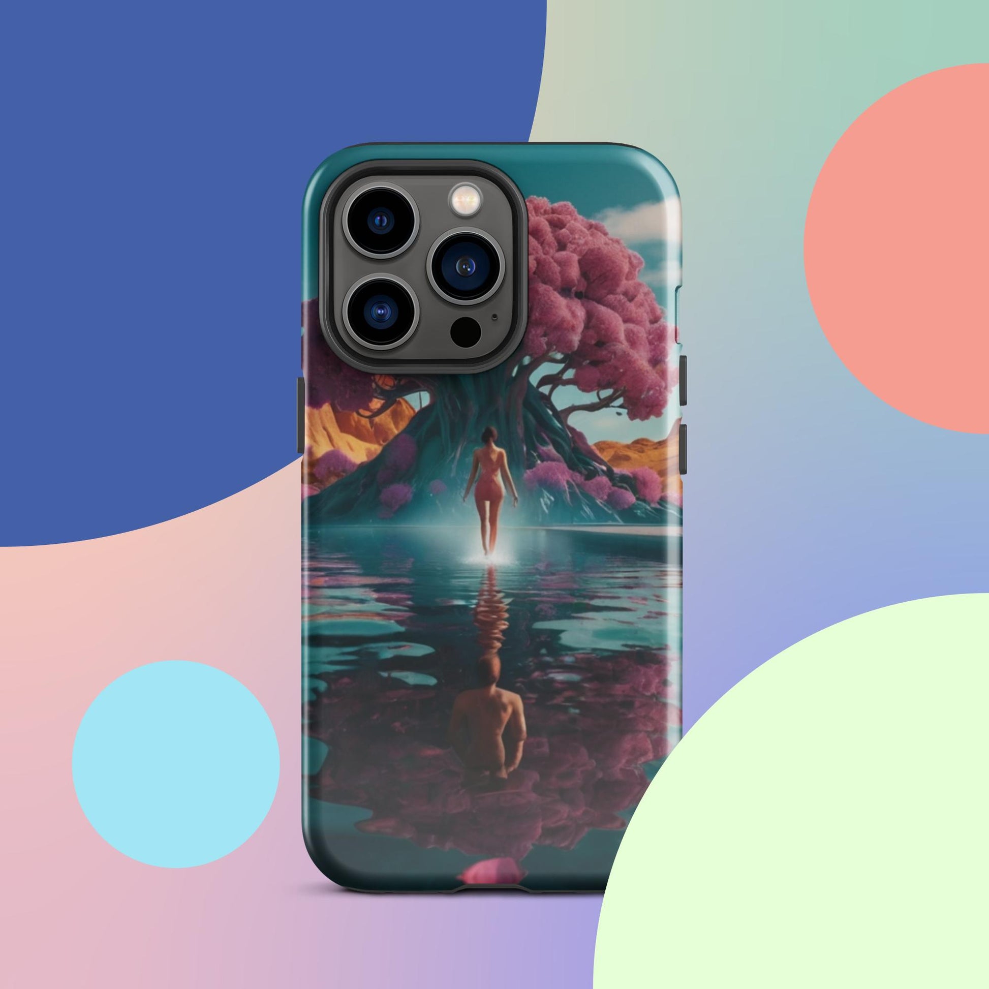 Teal iPhone tough case with pink blossoms and mirrored lake design; quad camera cutout