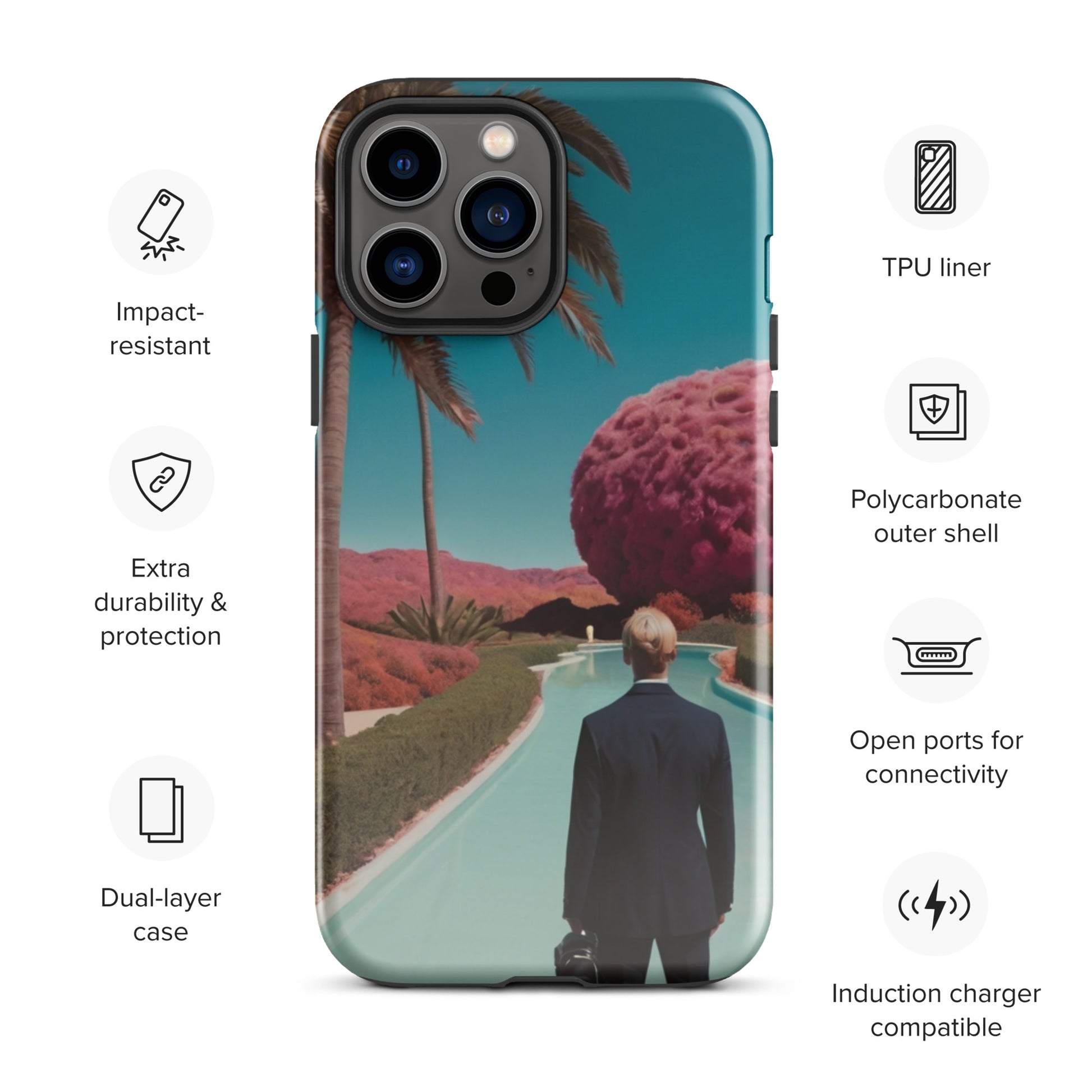 iPhone tough case with teal landscape graphic and dark figure artwork, protective side edges