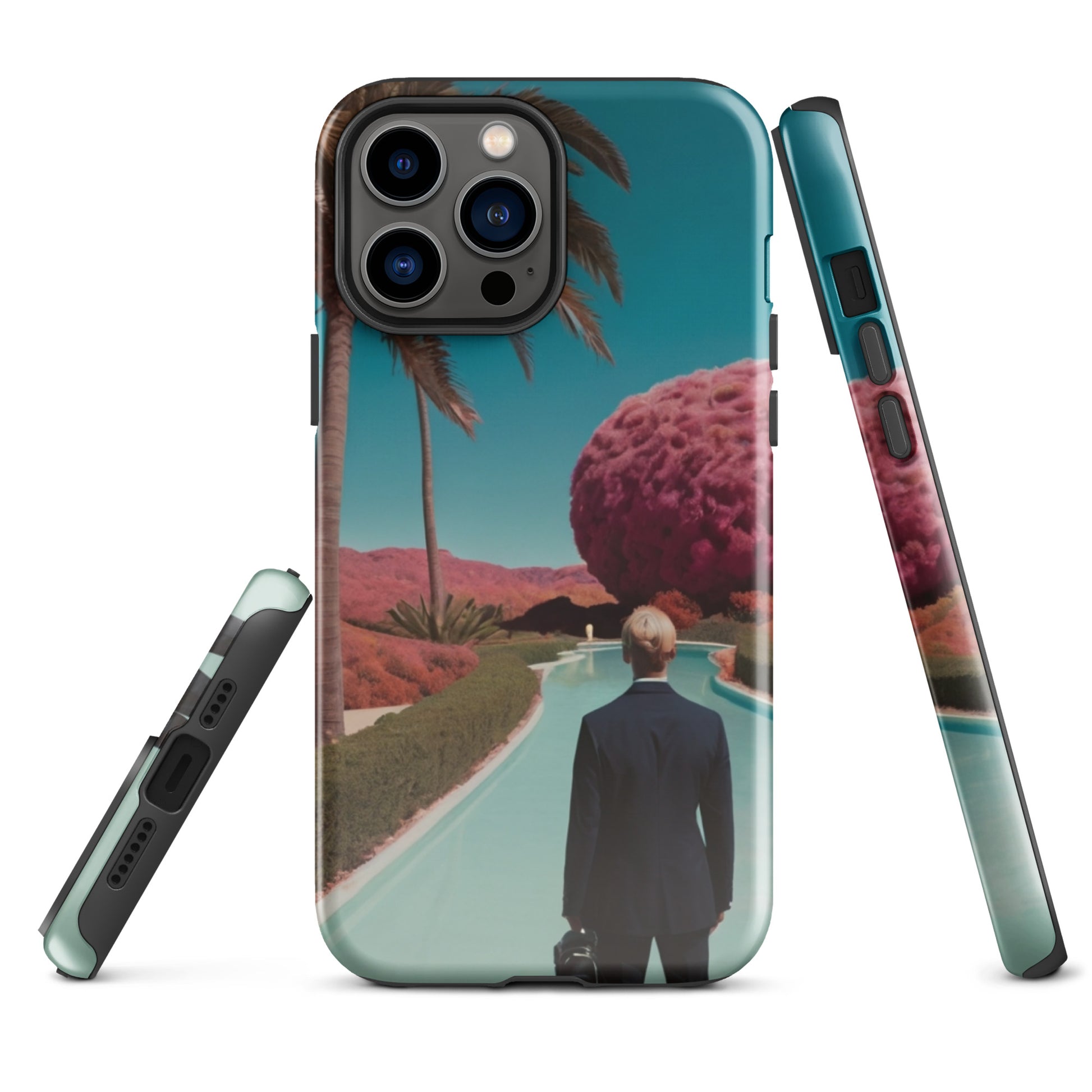 Life In Bloom iPhone tough case with teal landscape print and side button cutouts