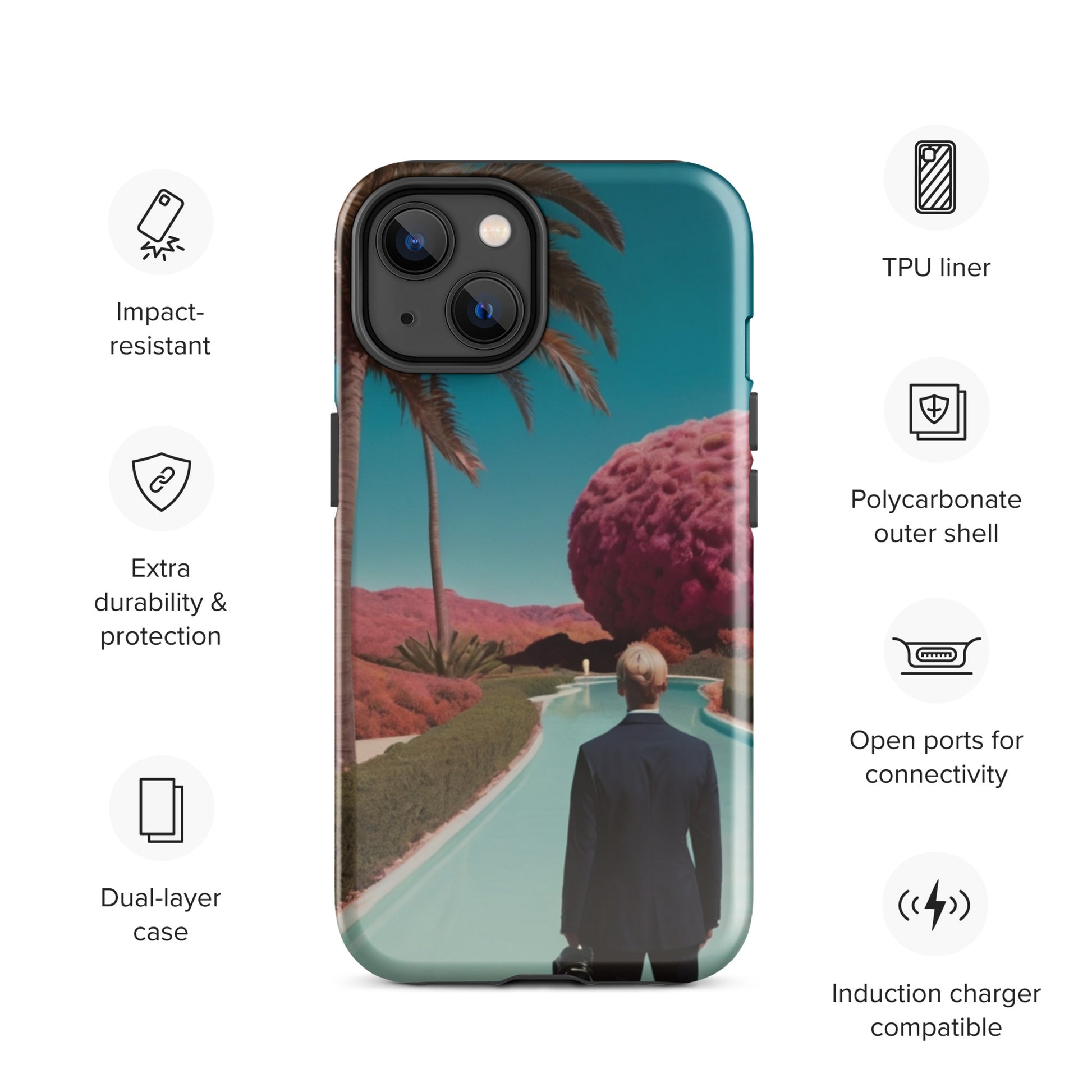 iPhone tough case with teal landscape graphic, palm-tree and dark coat figure design