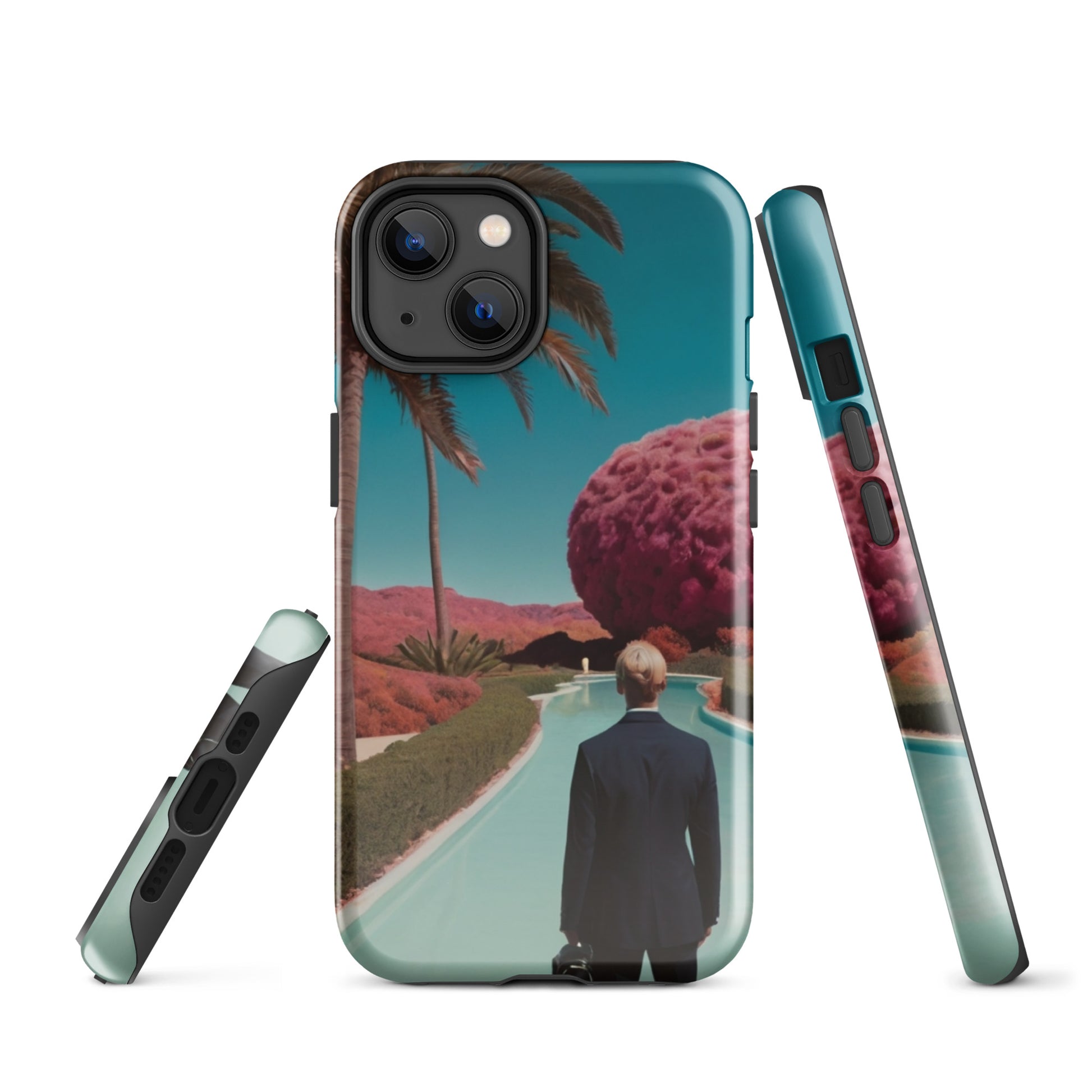 iPhone tough case shown front and side, teal scenic graphic, button cutout and camera holes