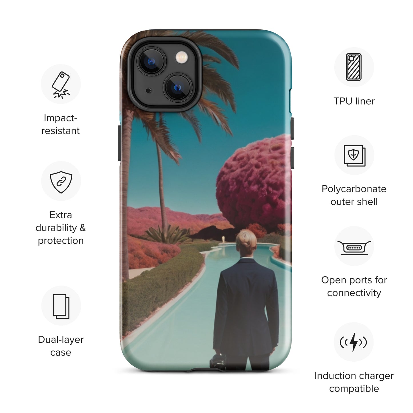 iPhone tough case with teal landscape graphic, close-up of lens covers and feather accent