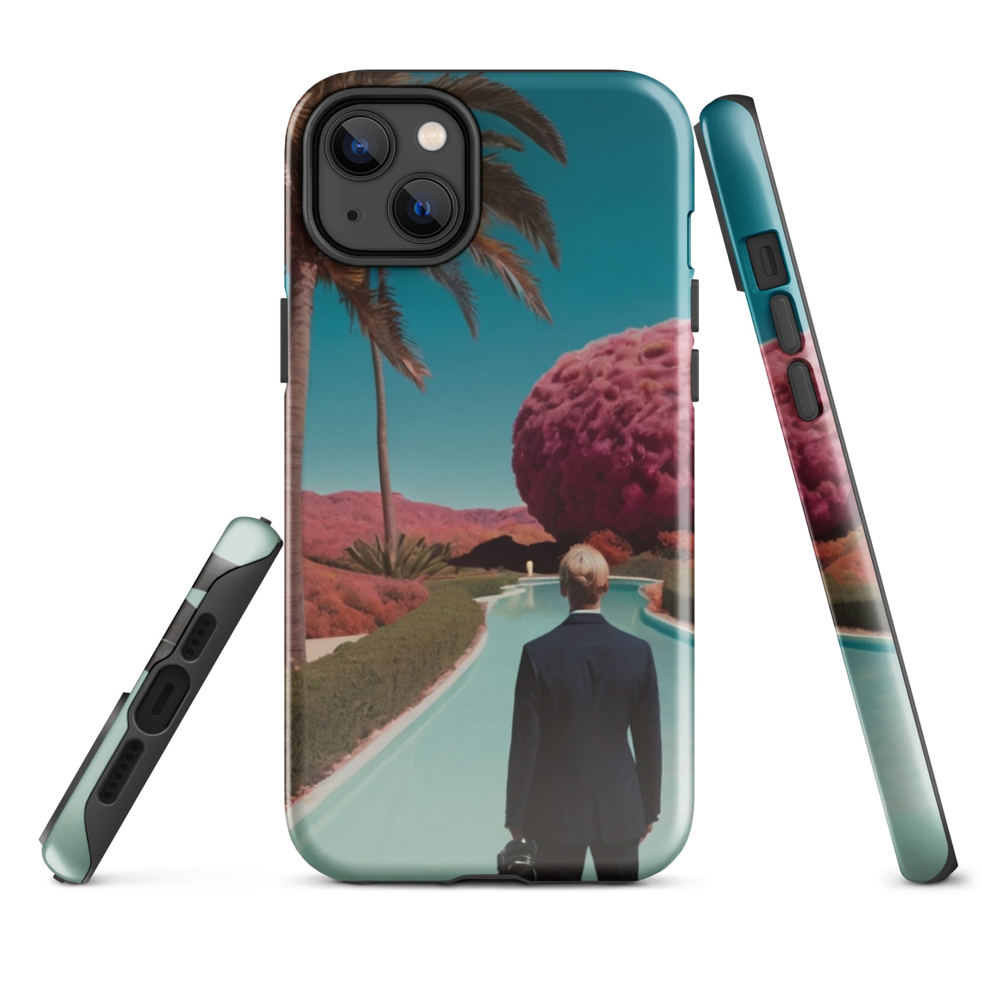 iPhone tough case close-up front, teal scenic print with large camera module cutouts
