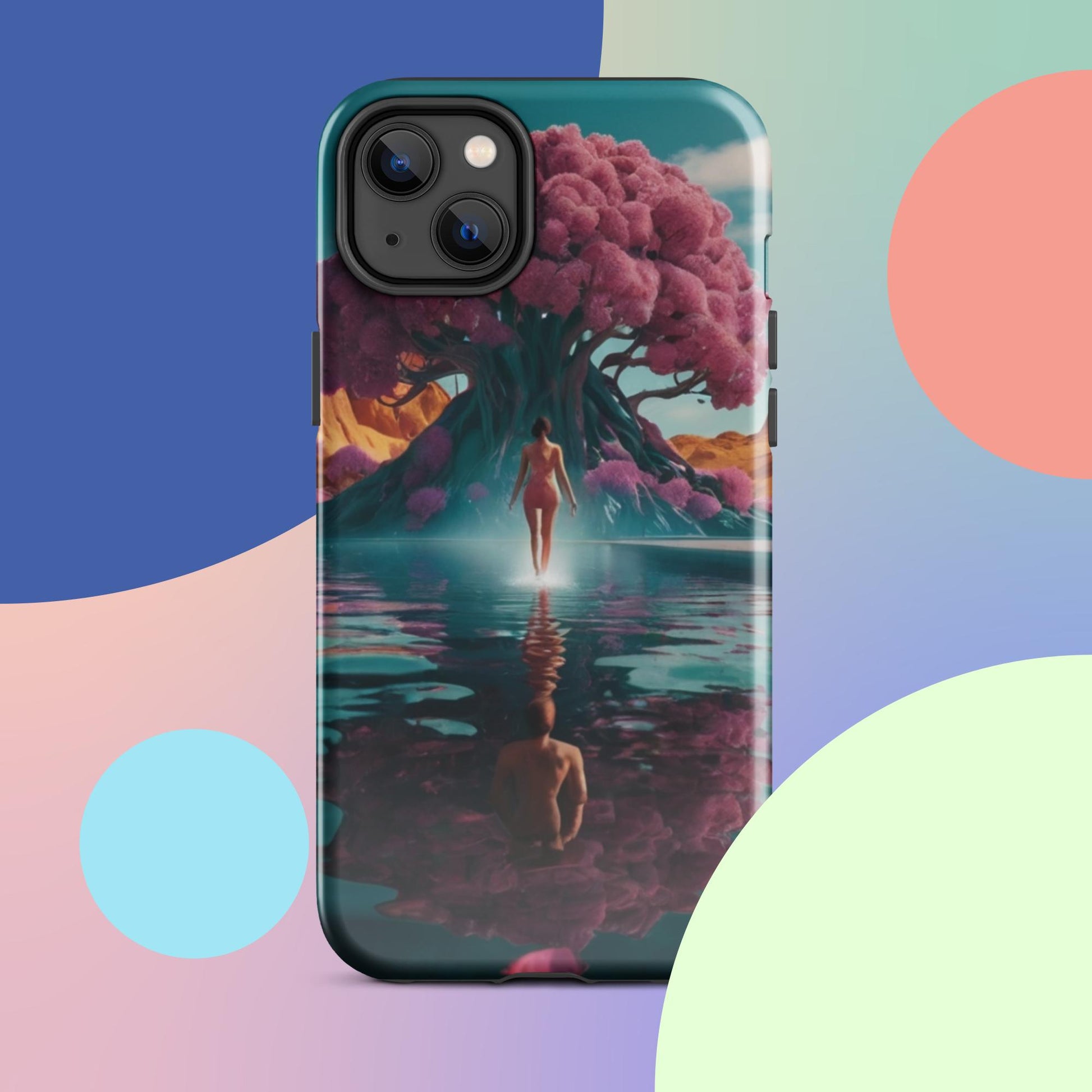 Teal iPhone tough case with illustrated glowing figure, pink tree, and mirrored water scene