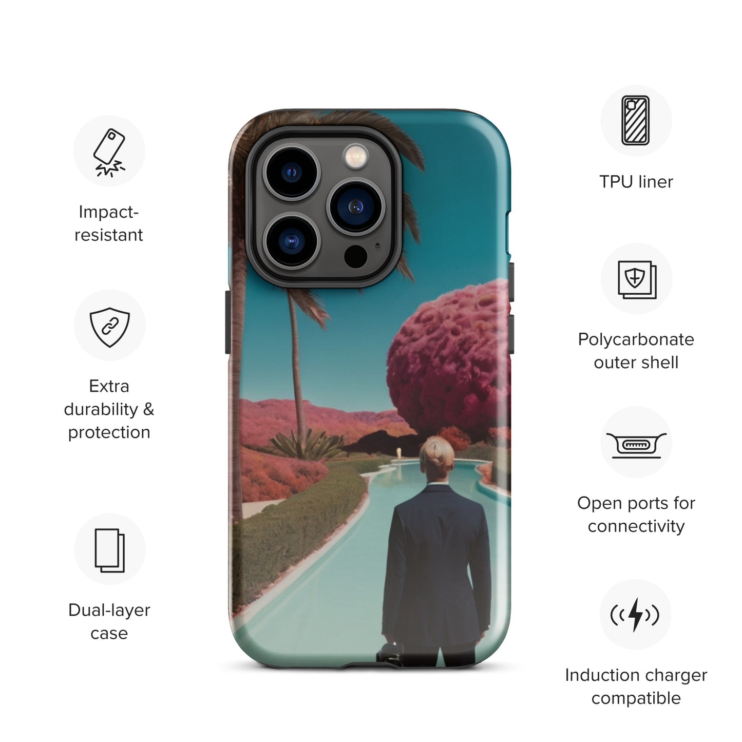 iPhone tough case with teal landscape graphic, camera module centered, feather and tree art